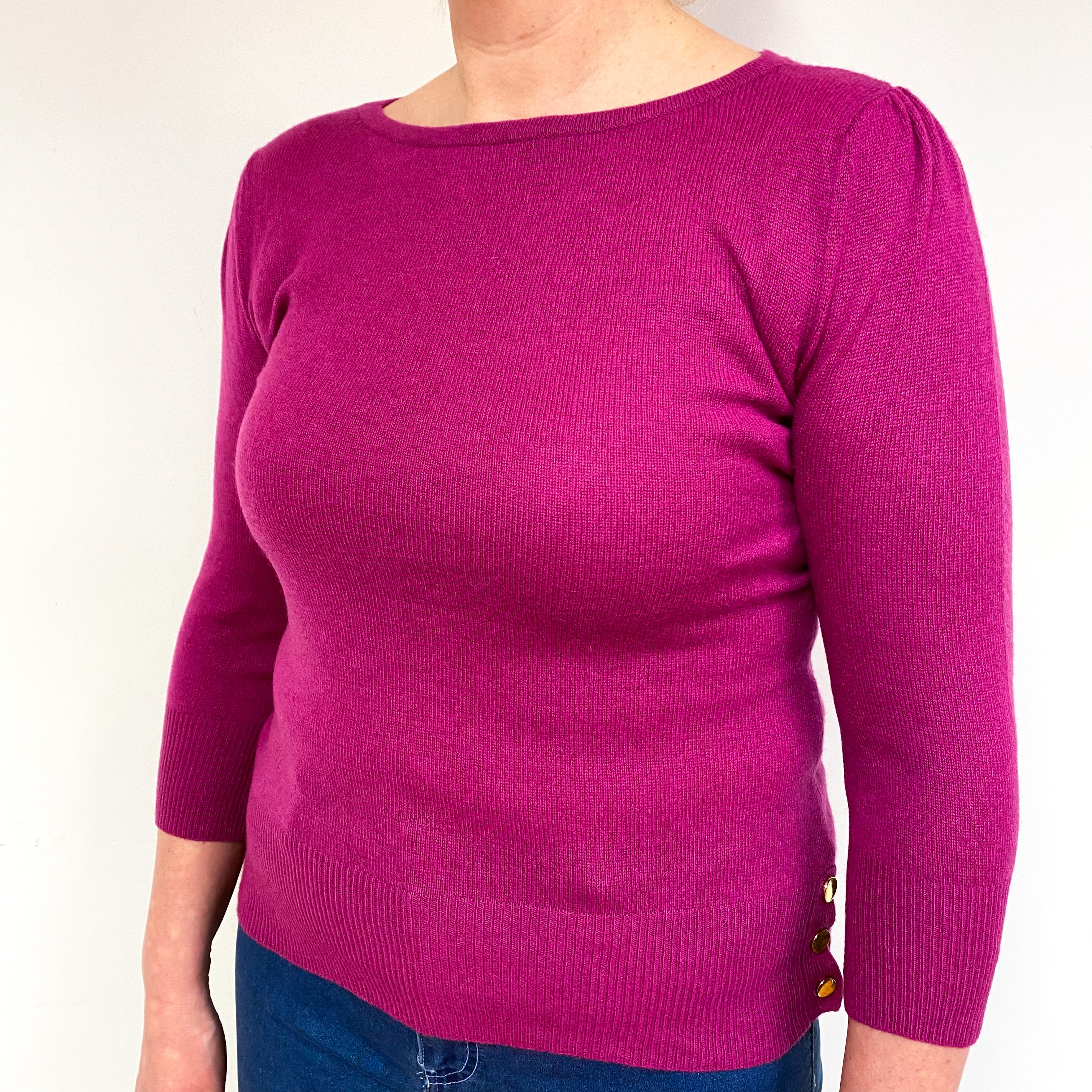 Magenta Pink 3/4 Sleeve Cashmere Boat Neck Jumper Large
