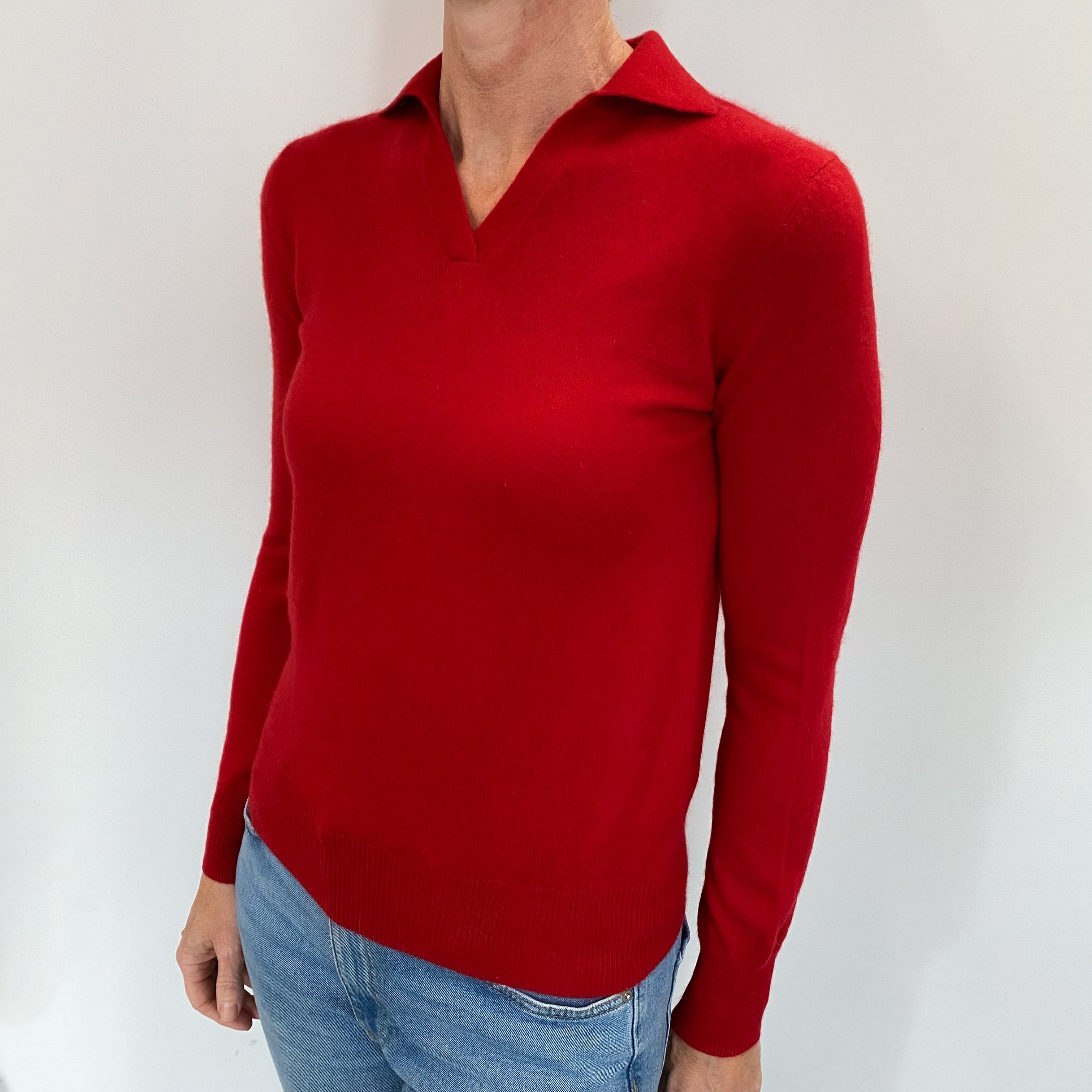 Tomato Red Cashmere Collared V Neck Jumper Small