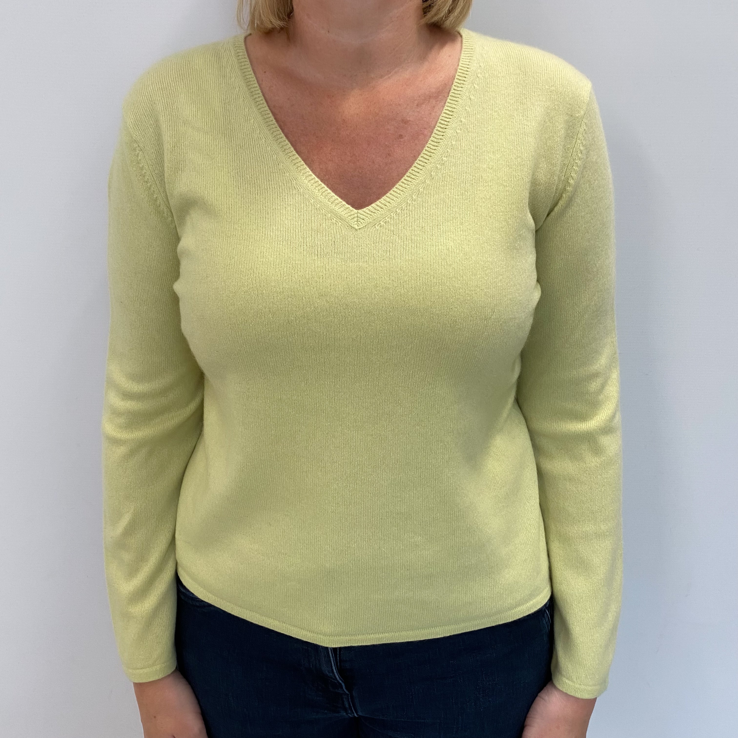 Soft Lime Cashmere V Neck Jumper Large