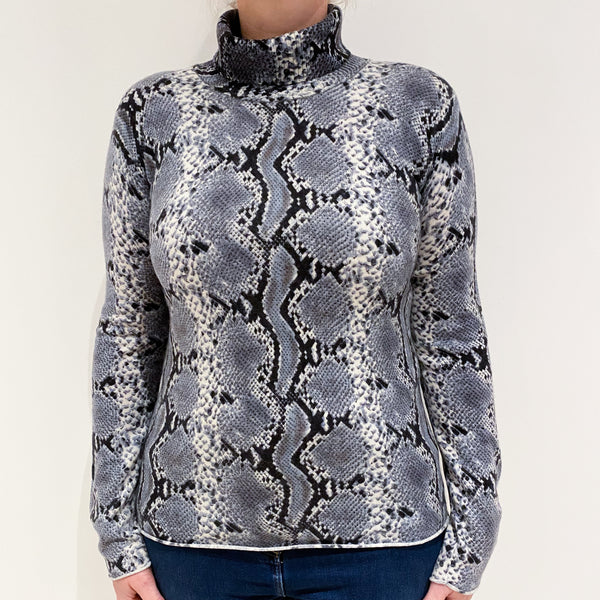 Grey Snake Print Cashmere Polo Neck Jumper Large