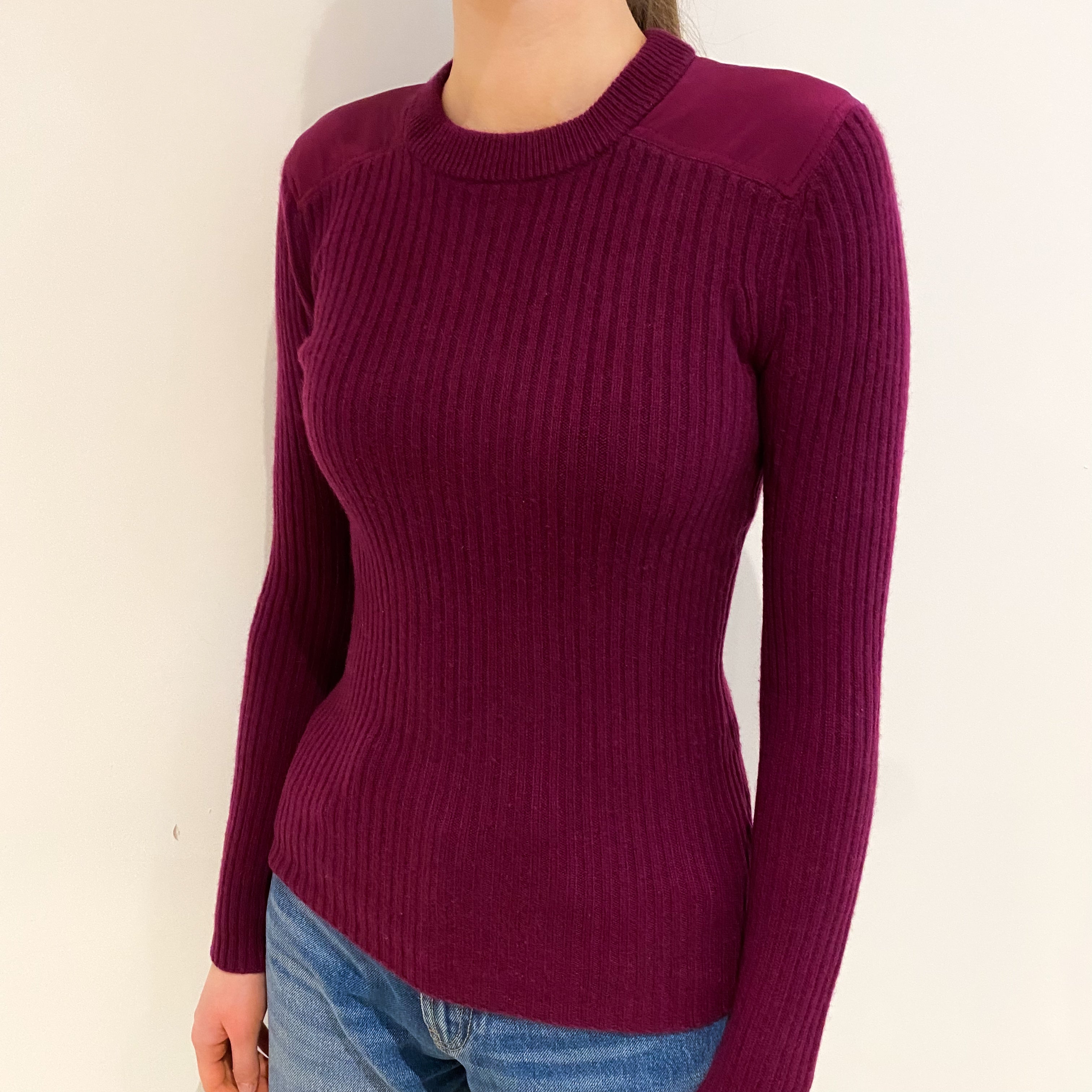Plum Purple Rib Cashmere Crew Neck Jumper Extra Small