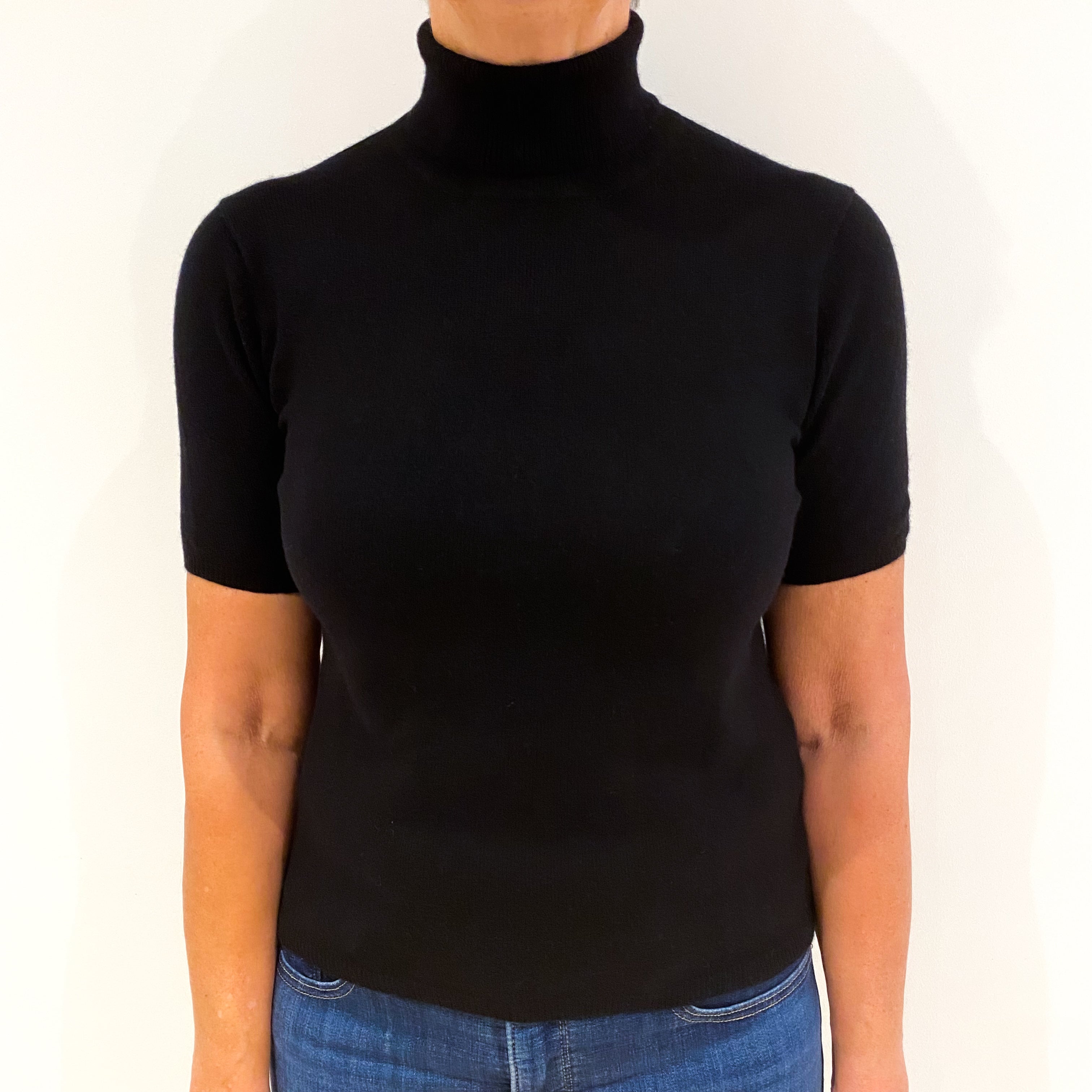 Black Short Sleeved Cashmere Polo Neck Jumper Medium