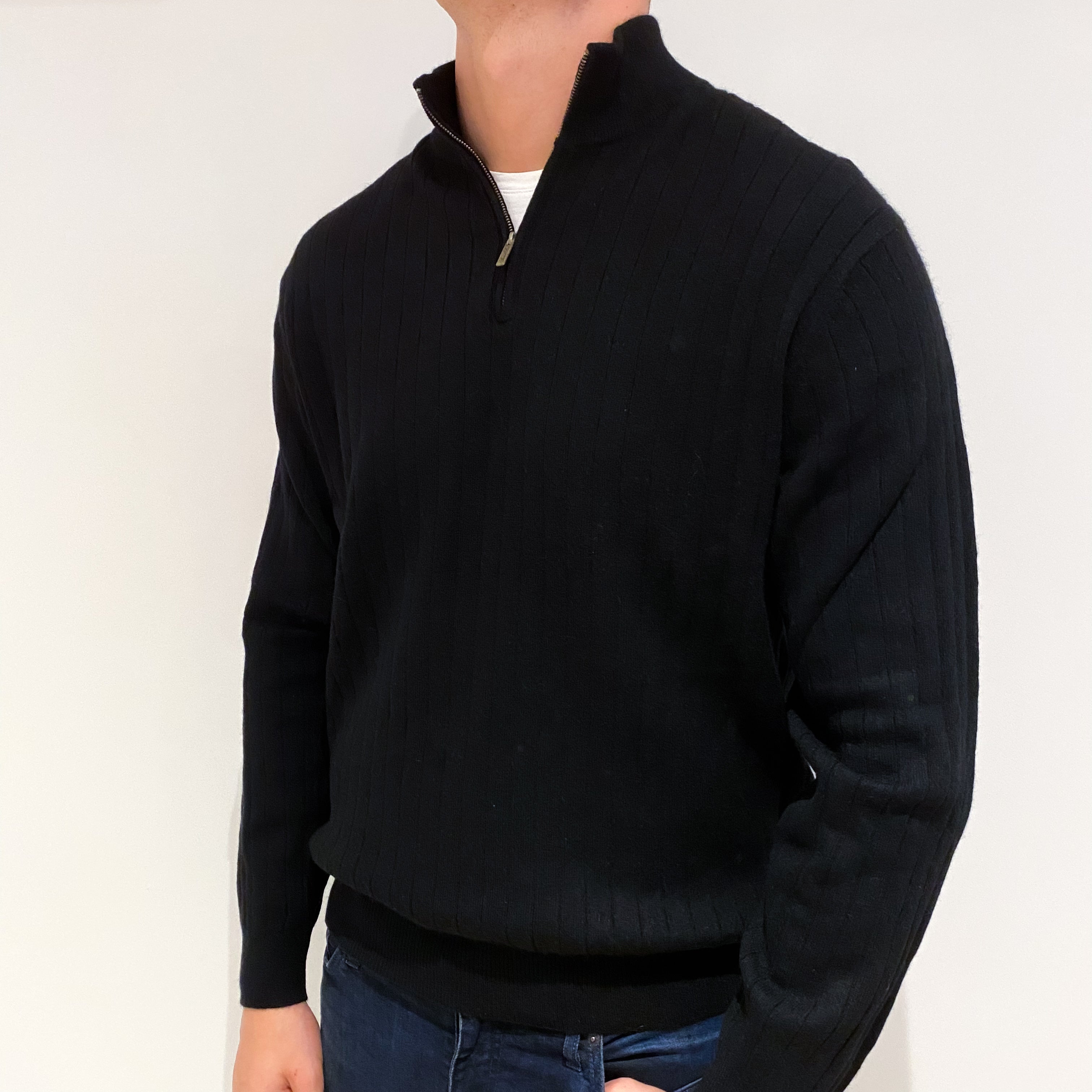Men's Black Cashmere 1/4 Zip Jumper Extra Large
