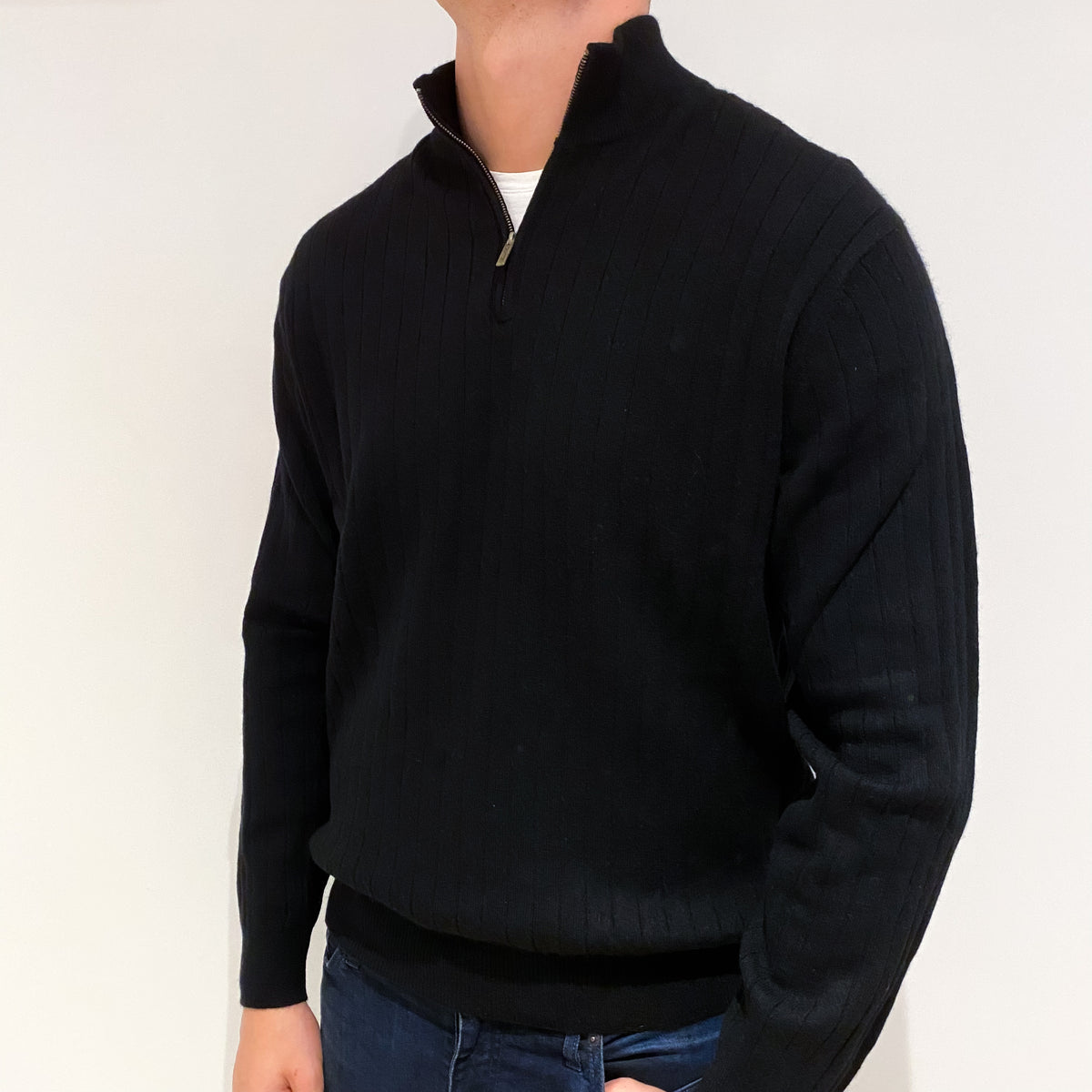 Men's Black Cashmere 1/4 Zip Jumper Extra Large