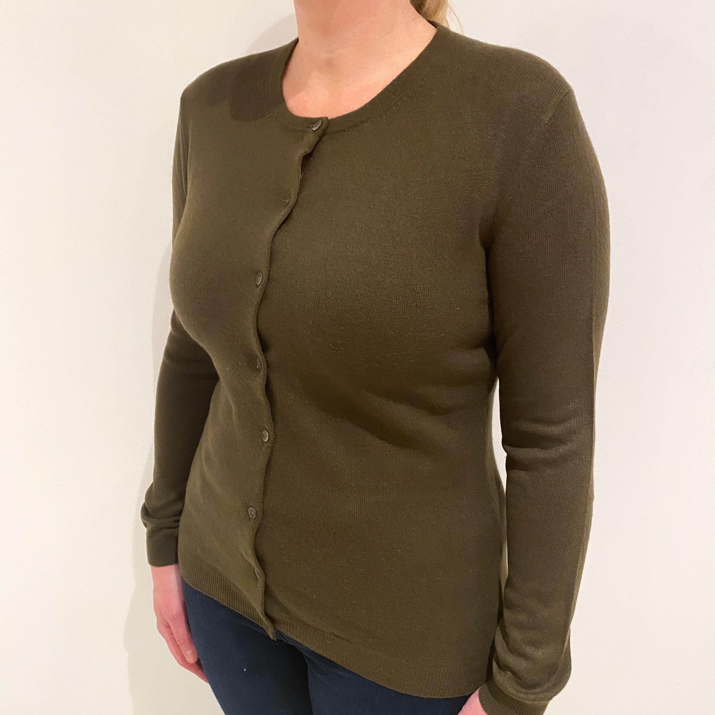 Khaki Green Cashmere Crew Neck Cardigan Large