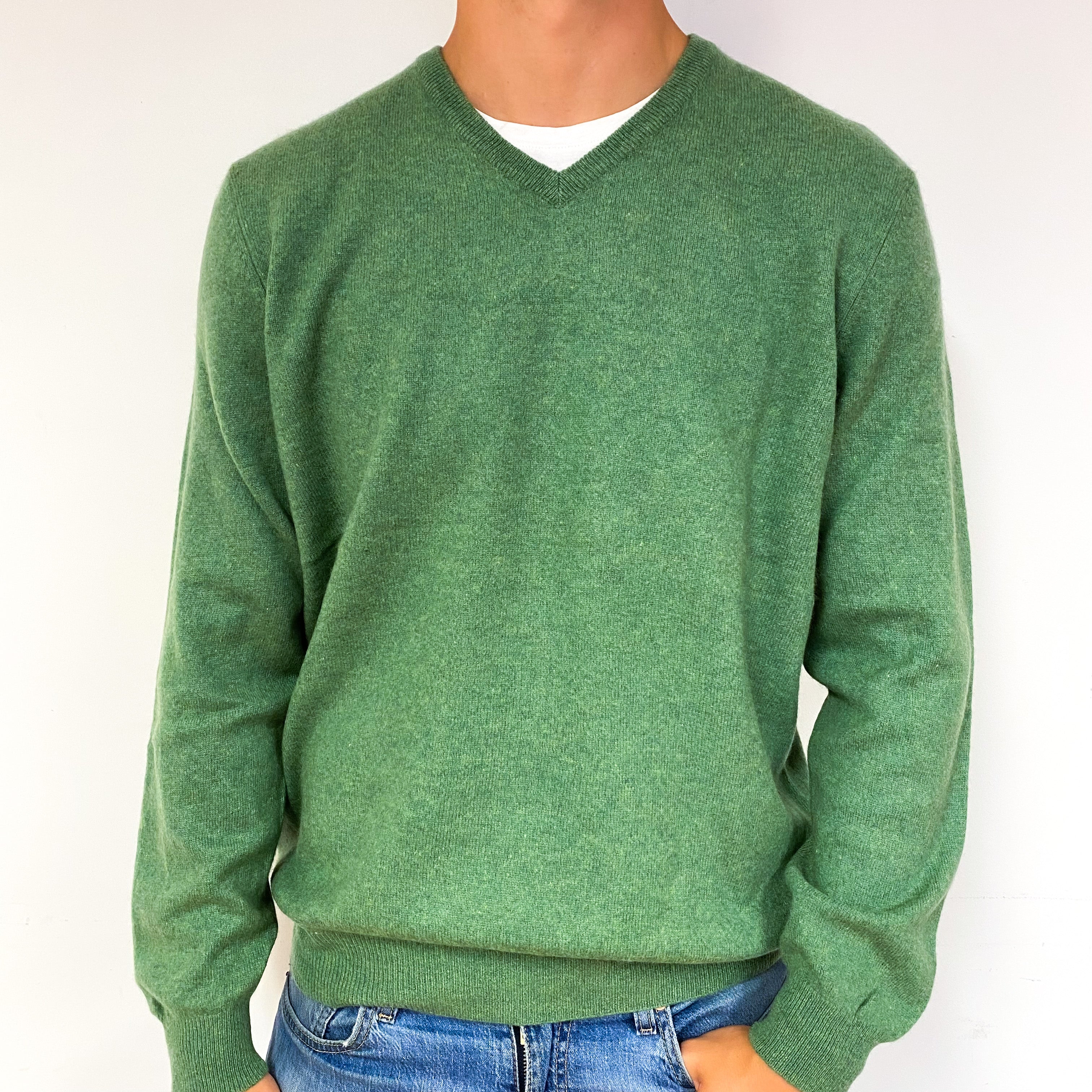 Men's Fern Green Cashmere V-Neck Jumper Extra Large