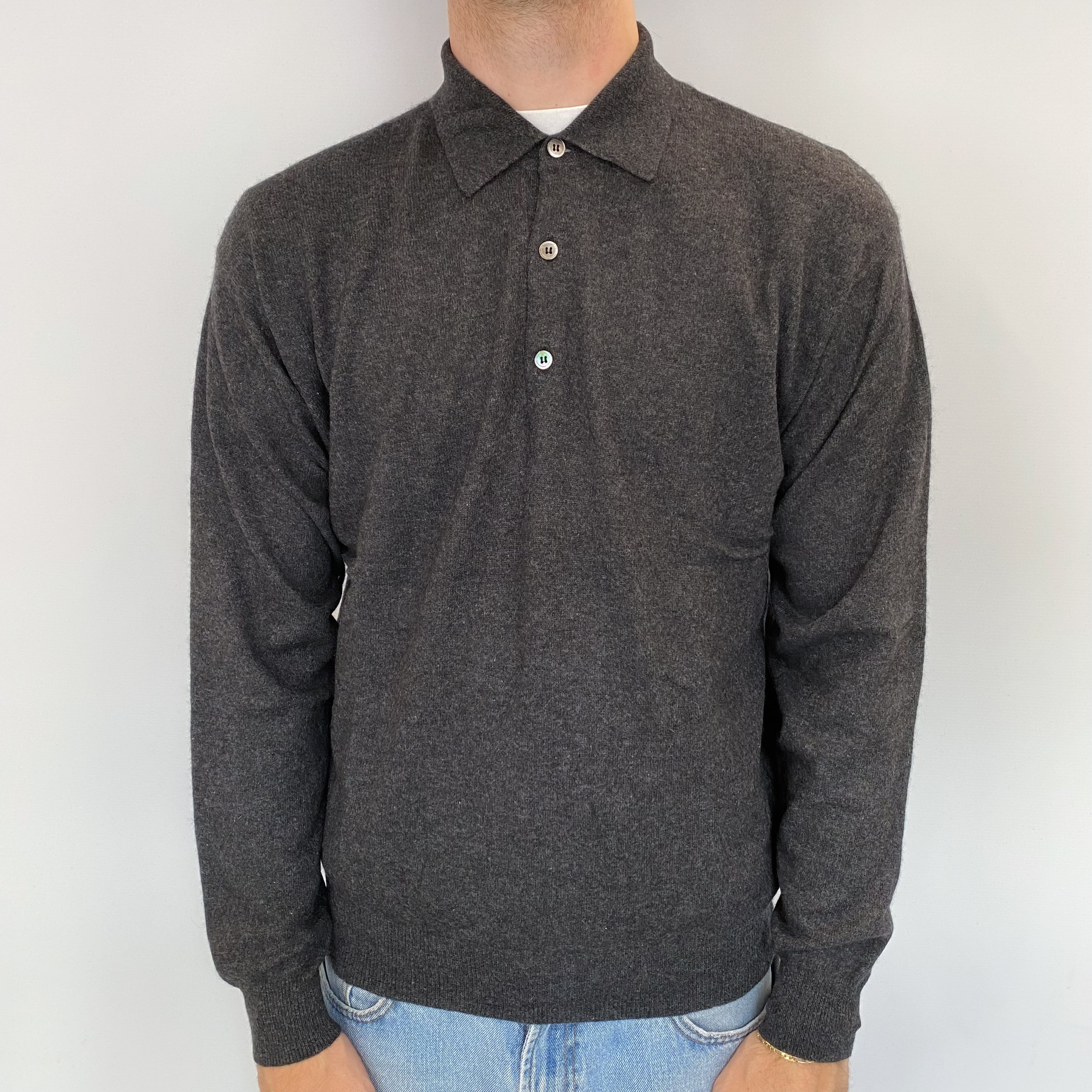 Men's Charcoal Grey Cashmere 1/4 Button Jumper Medium