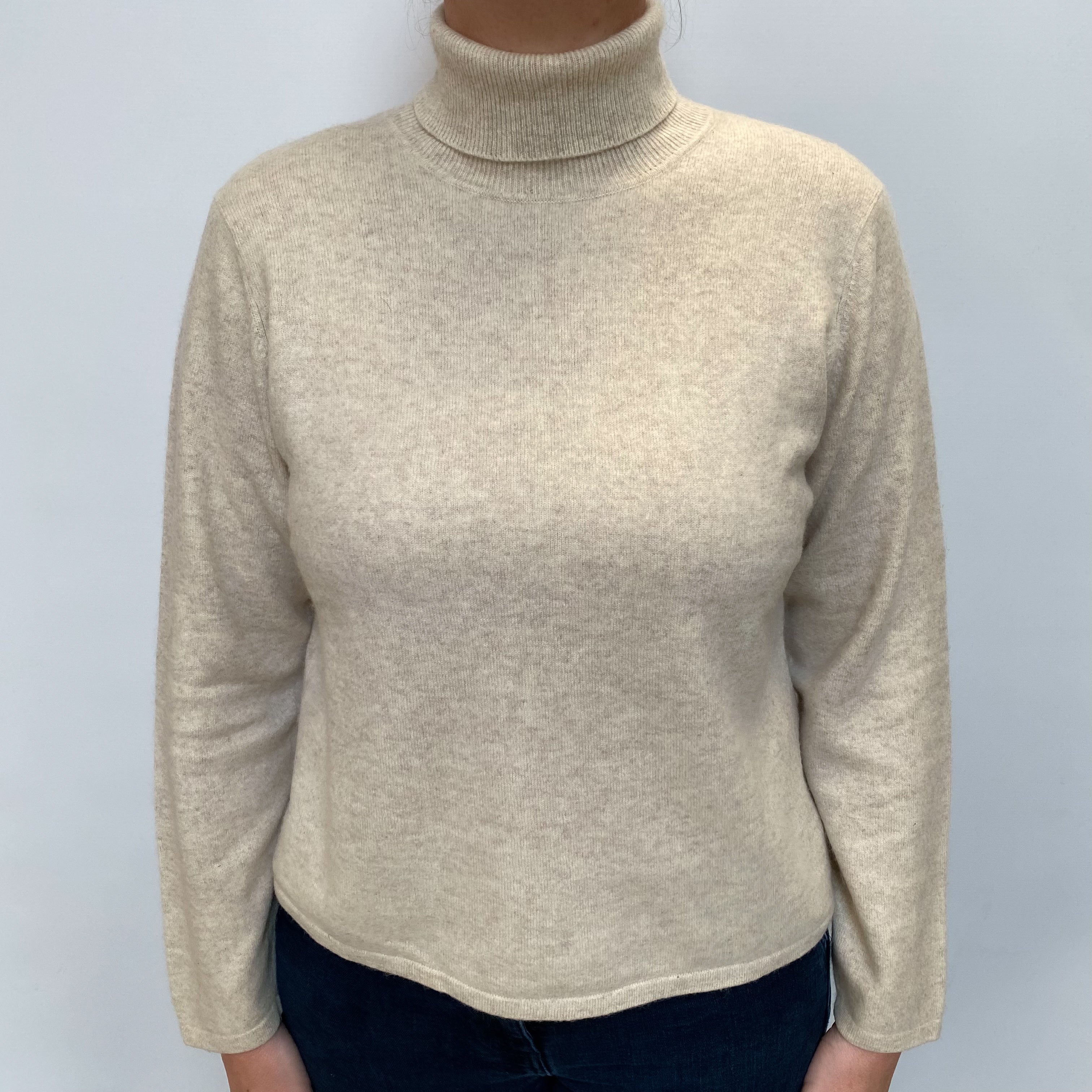 Orvis Oatmeal Cashmere Polo Neck Jumper Large
