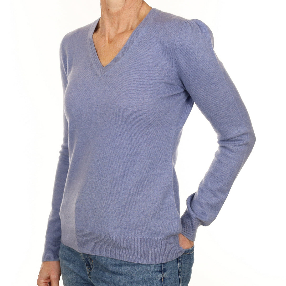 Denim Blue Cashmere Ruched Shoulder V Neck Jumper Small