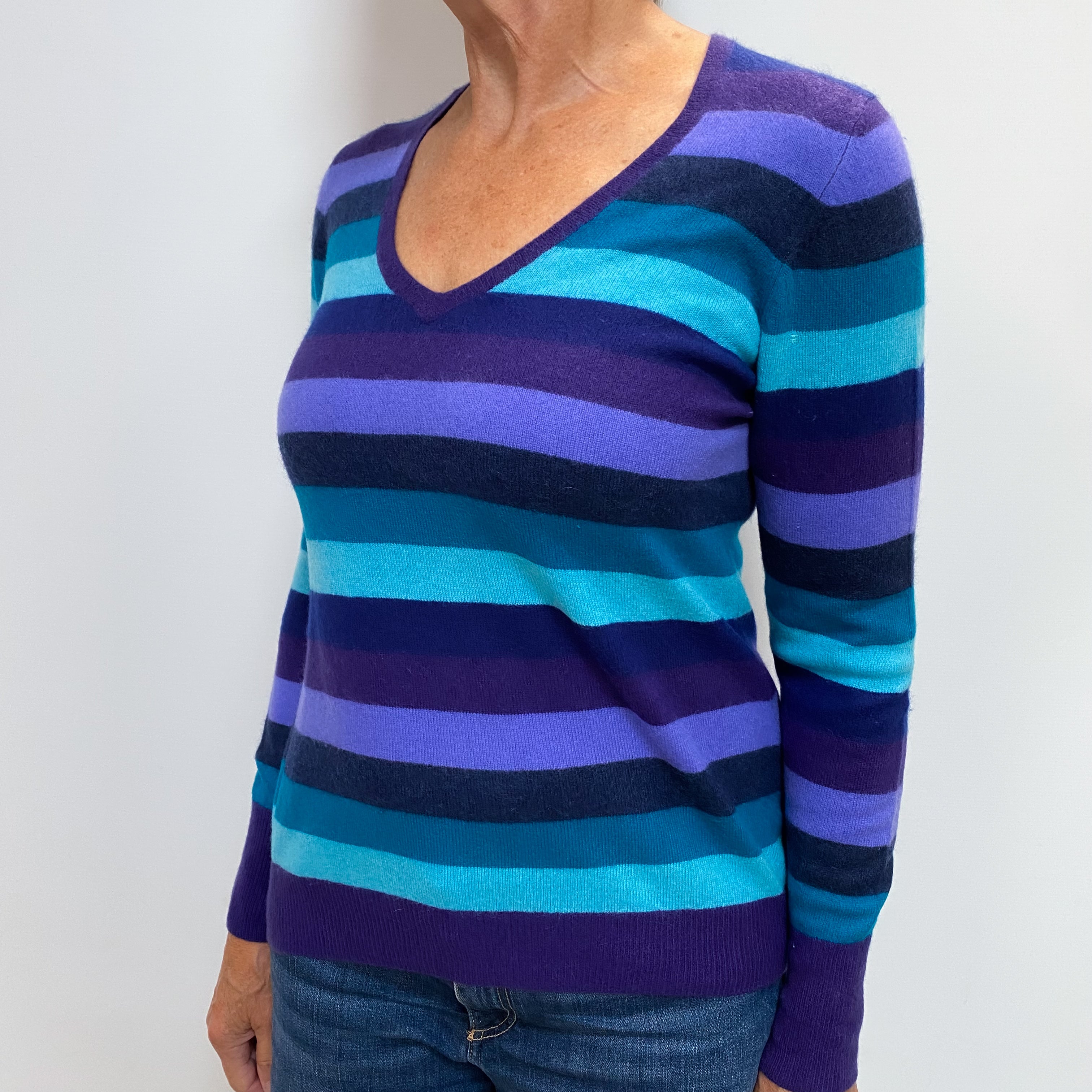 Iris Purple Striped Cashmere V Neck Jumper Medium