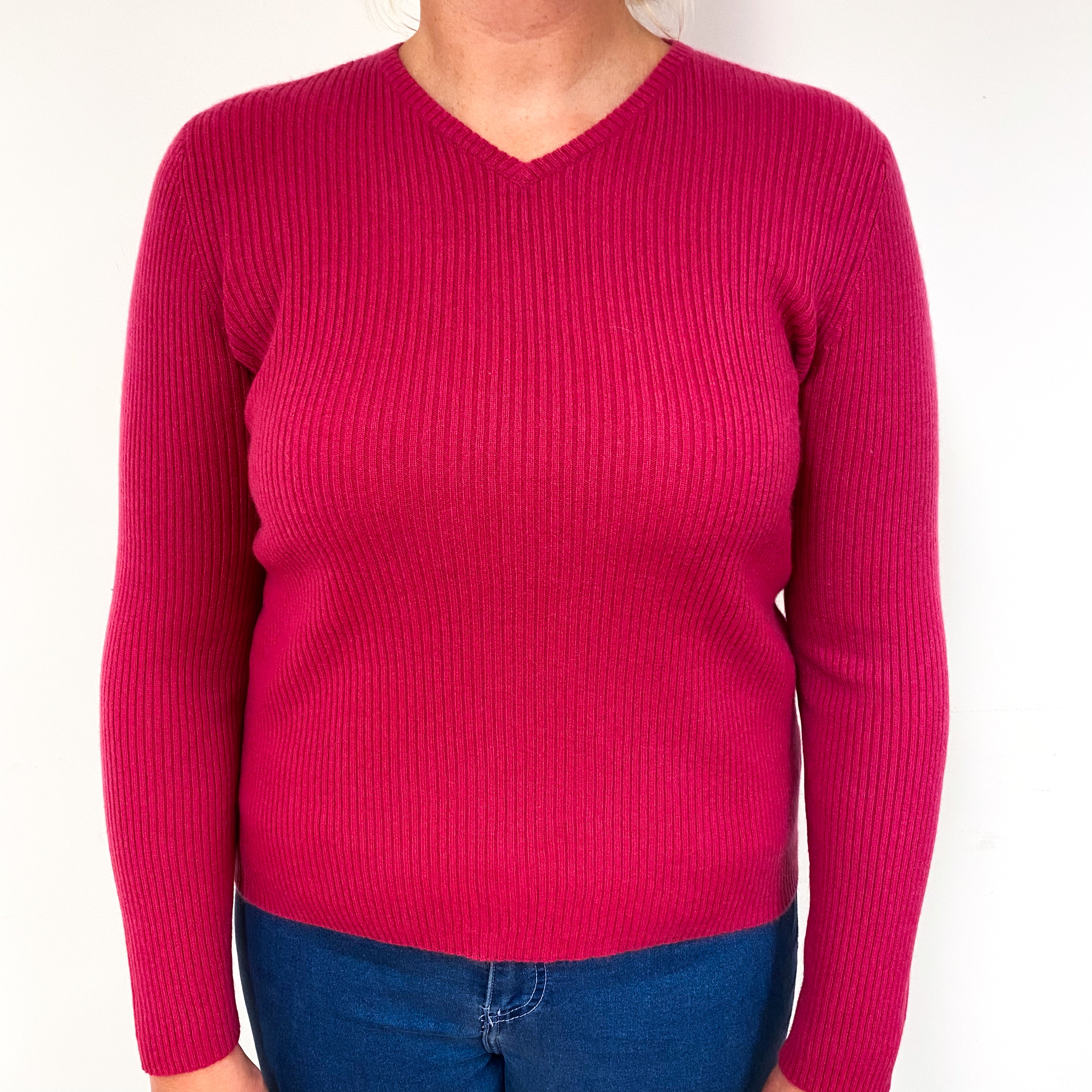 Raspberry Pink Rib Cashmere V-Neck Jumper Large