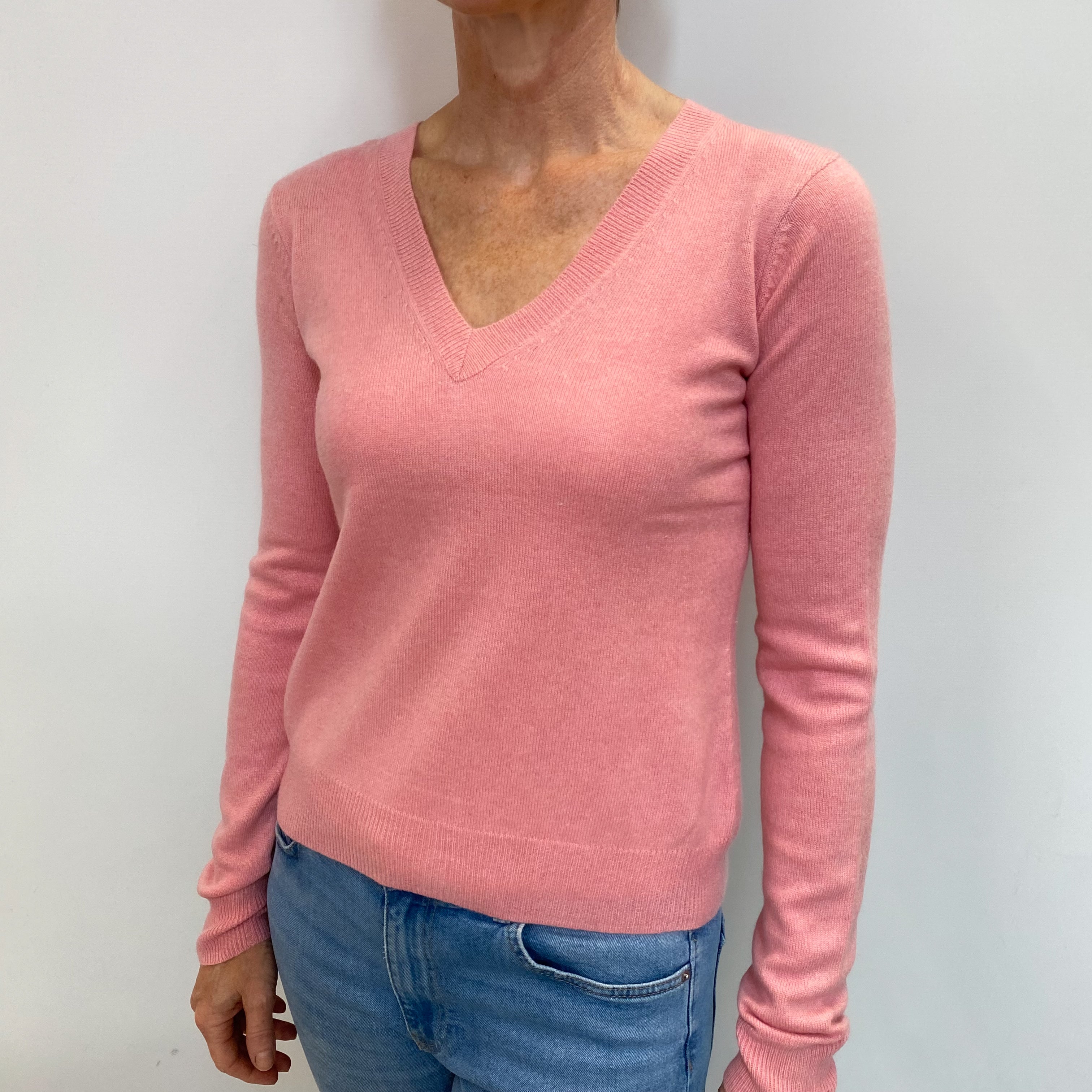 Flamingo Pink Cashmere V Neck Jumper Small