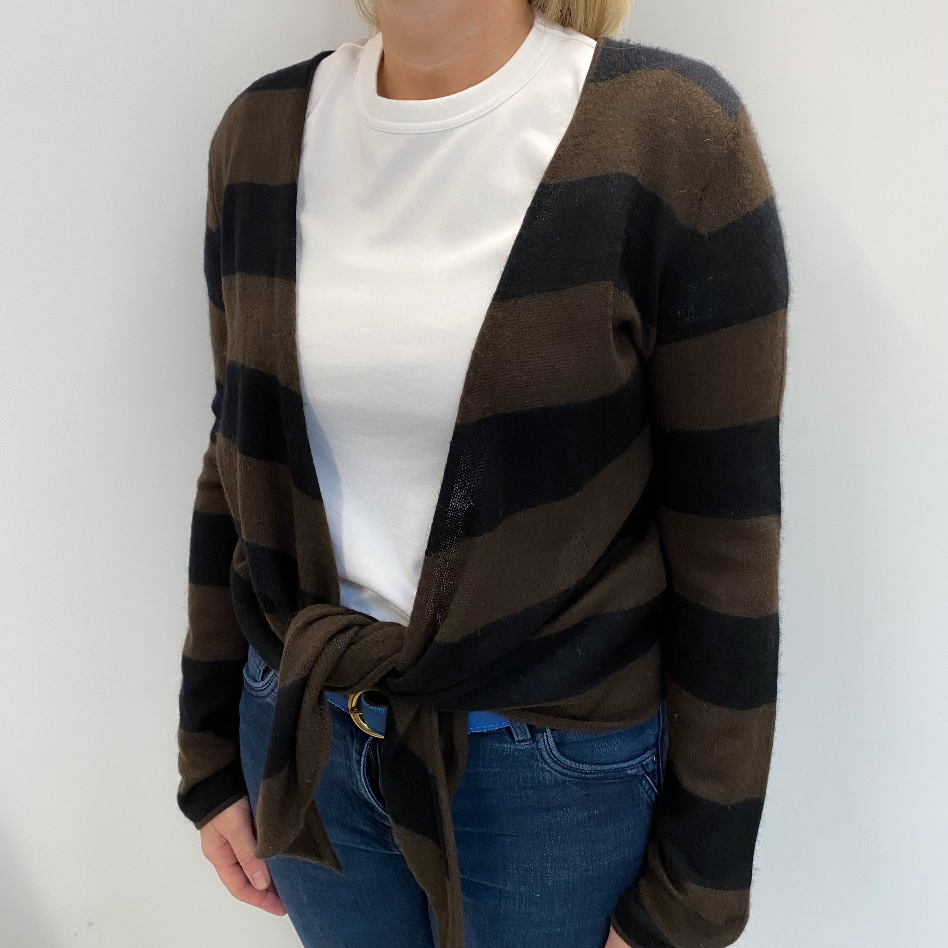 Black And Brown Striped Cashmere Tie Front Cardigan Large
