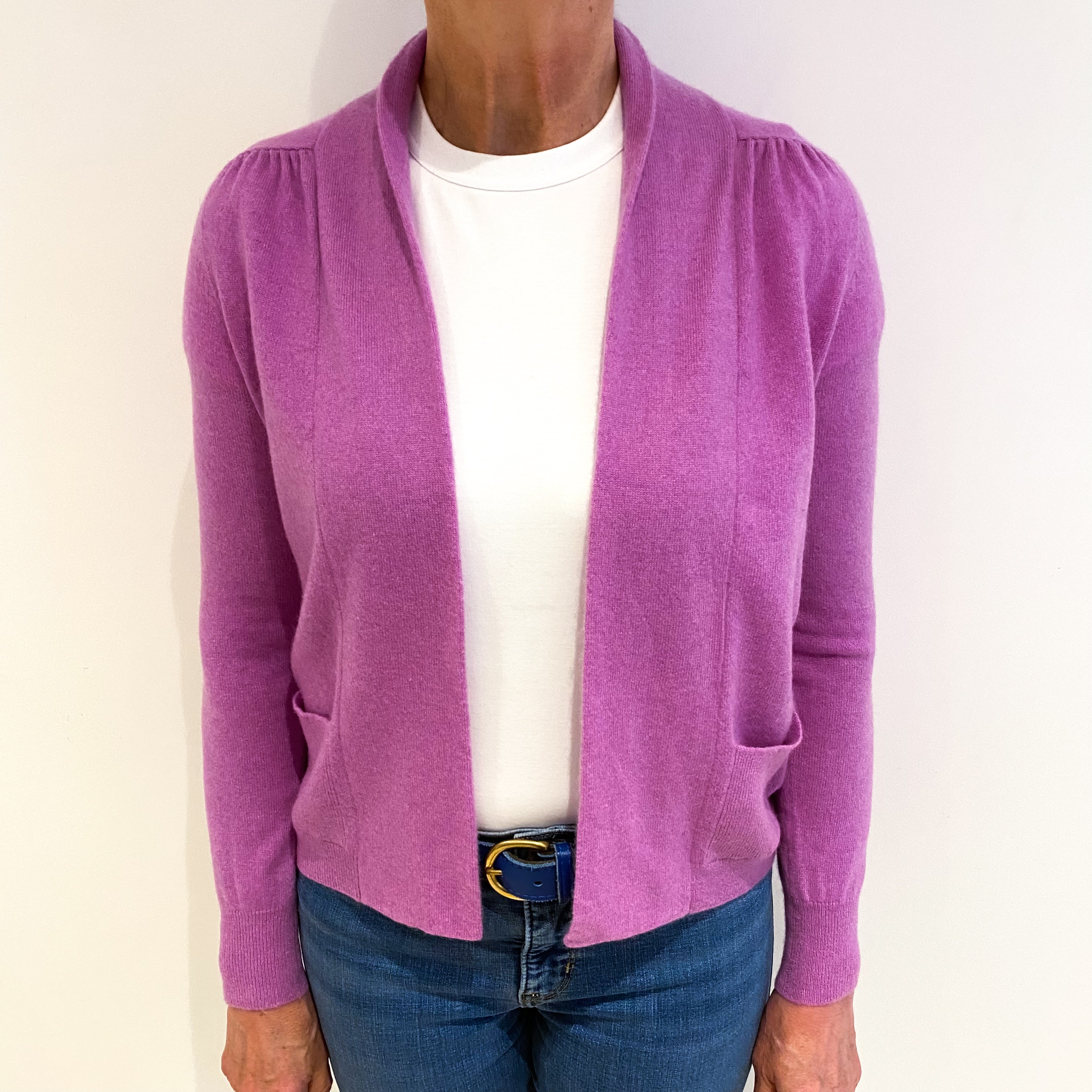 Loganberry Pink Cashmere Edge To Edge Cardigan With Pockets Medium