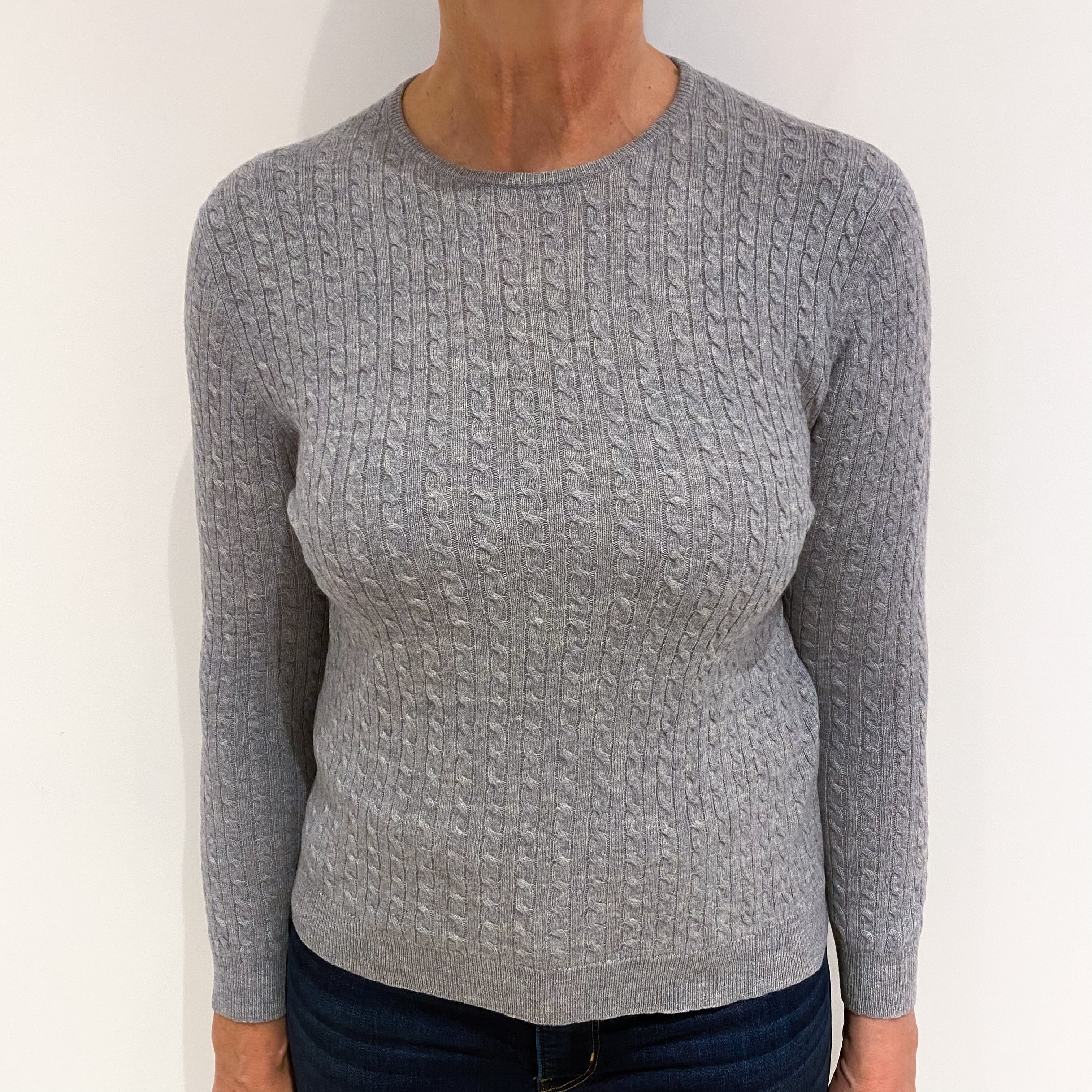 Smoke Grey Cable Cashmere Crew Neck Jumper Medium