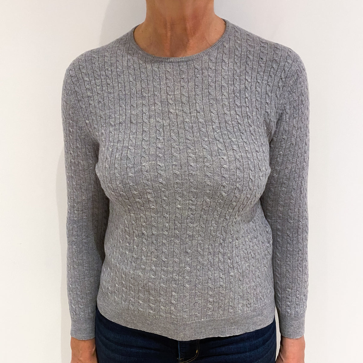 Smoke Grey Cable Cashmere Crew Neck Jumper Medium