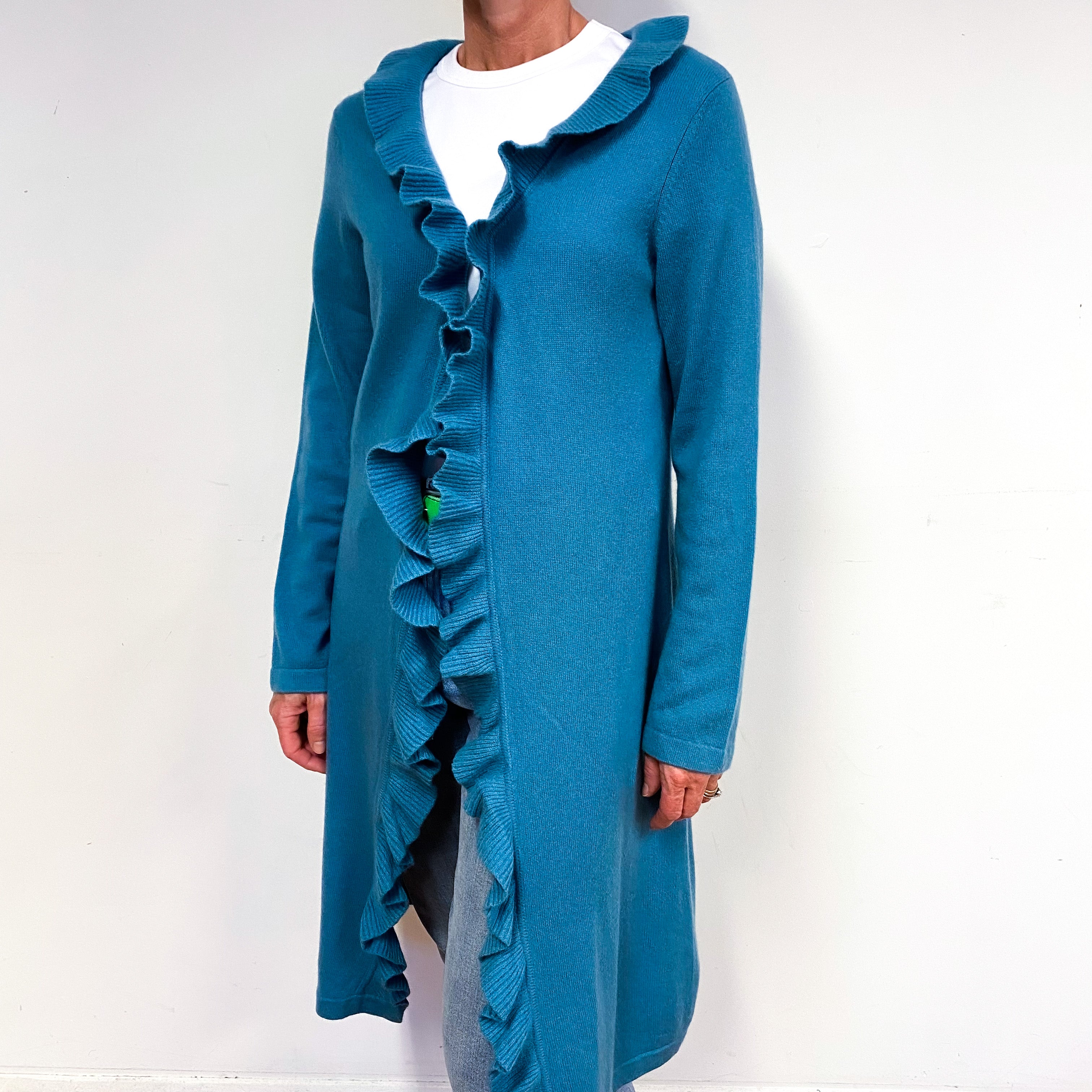 Teal Blue Cashmere Edge To Edge Cardigan Medium