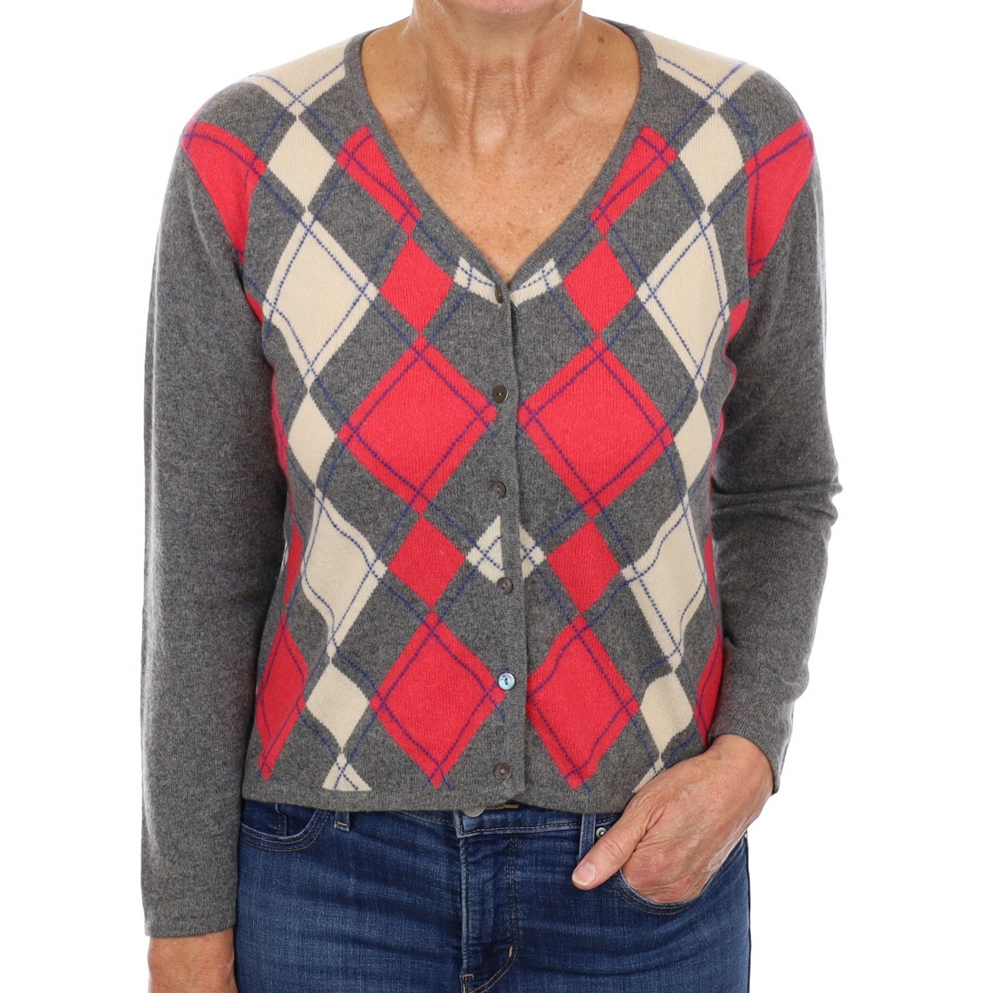 Grey and Cranberry Diamond Cashmere V Neck Cardigan Medium