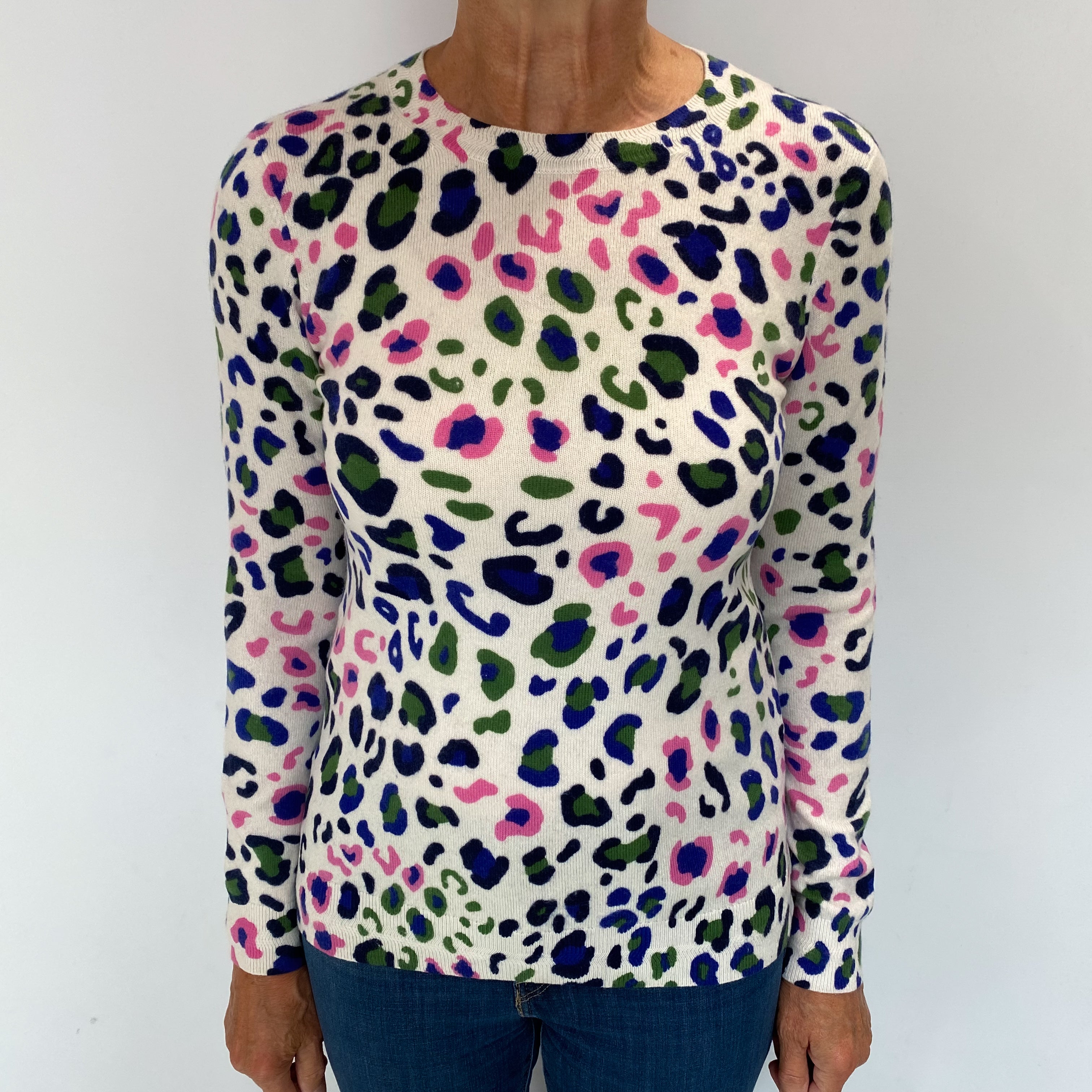 Cream Colourful Animal Print Cashmere Crew Neck Jumper Medium