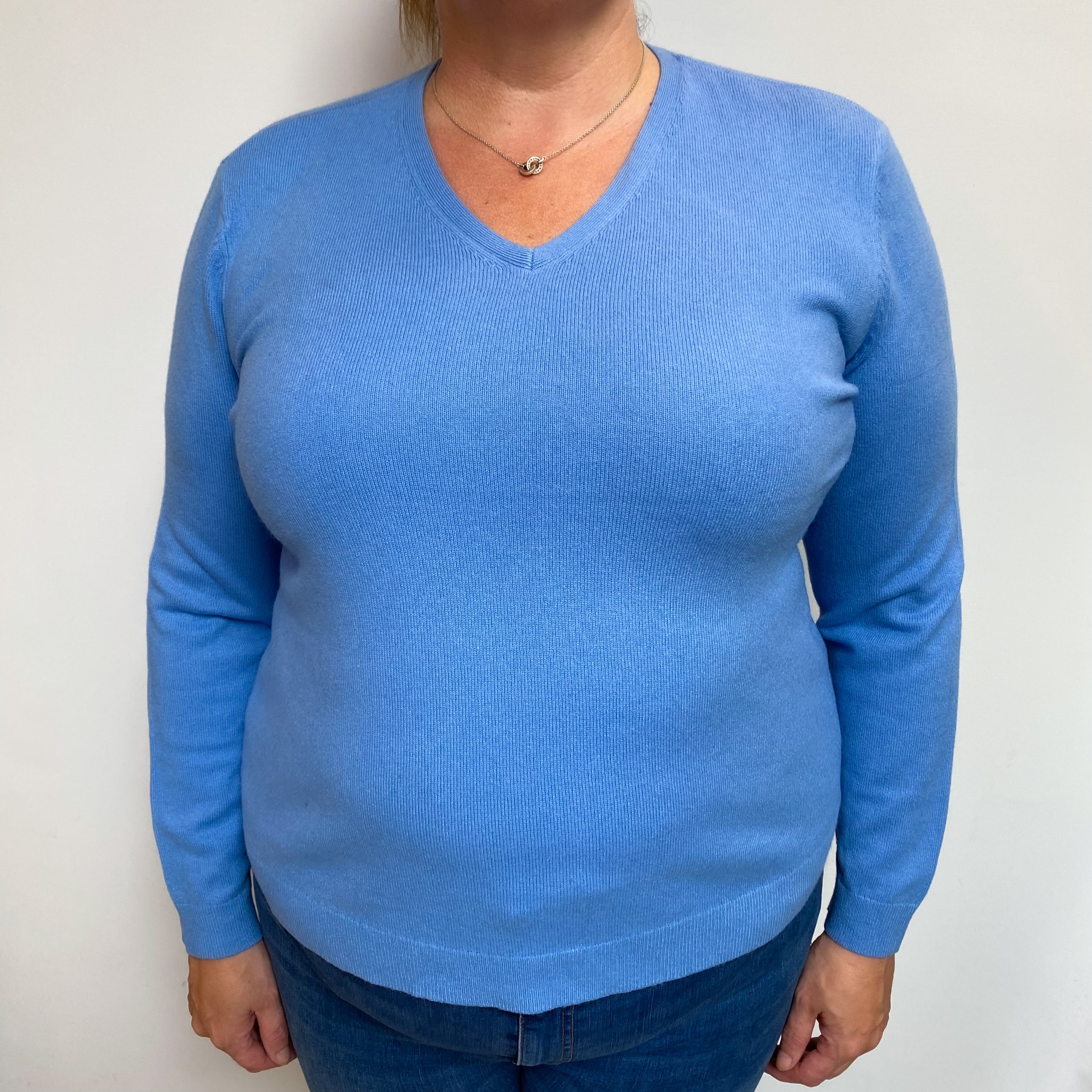 Cornflower Blue Cashmere V Neck Jumper Extra Large