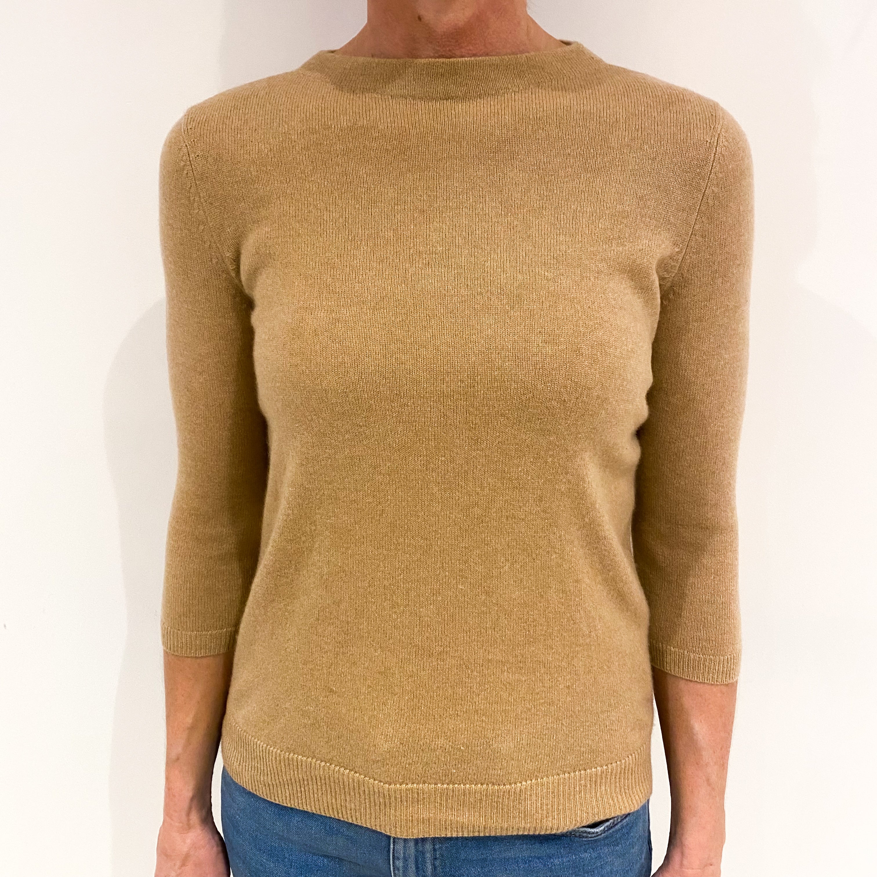 Caramel Brown Cashmere 3/4 Sleeve Crew Neck Jumper Small