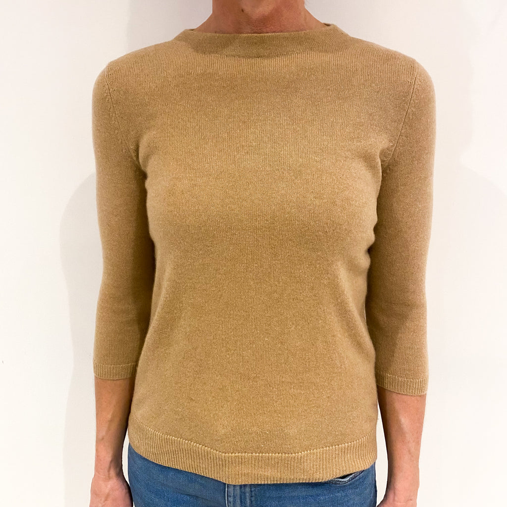 Caramel Brown Cashmere 3/4 Sleeve Crew Neck Jumper Small