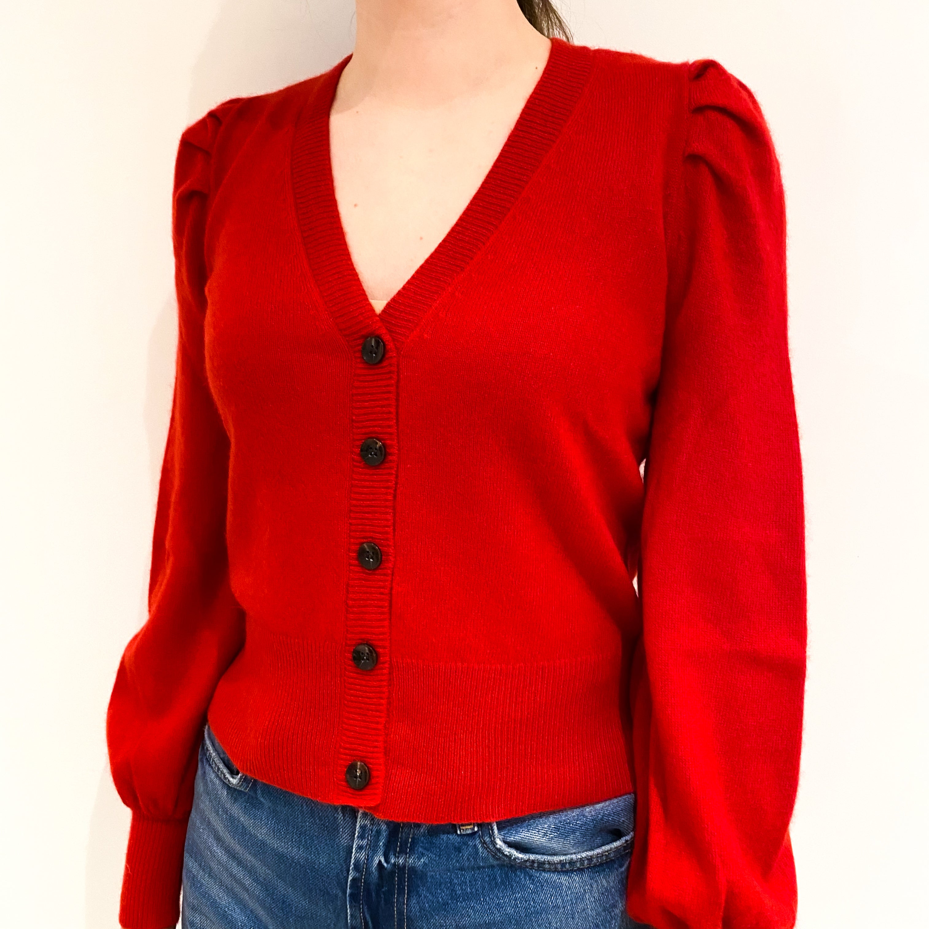 Scarlet Red Puff Shouldered Cashmere V-Neck Cardigan Extra Small