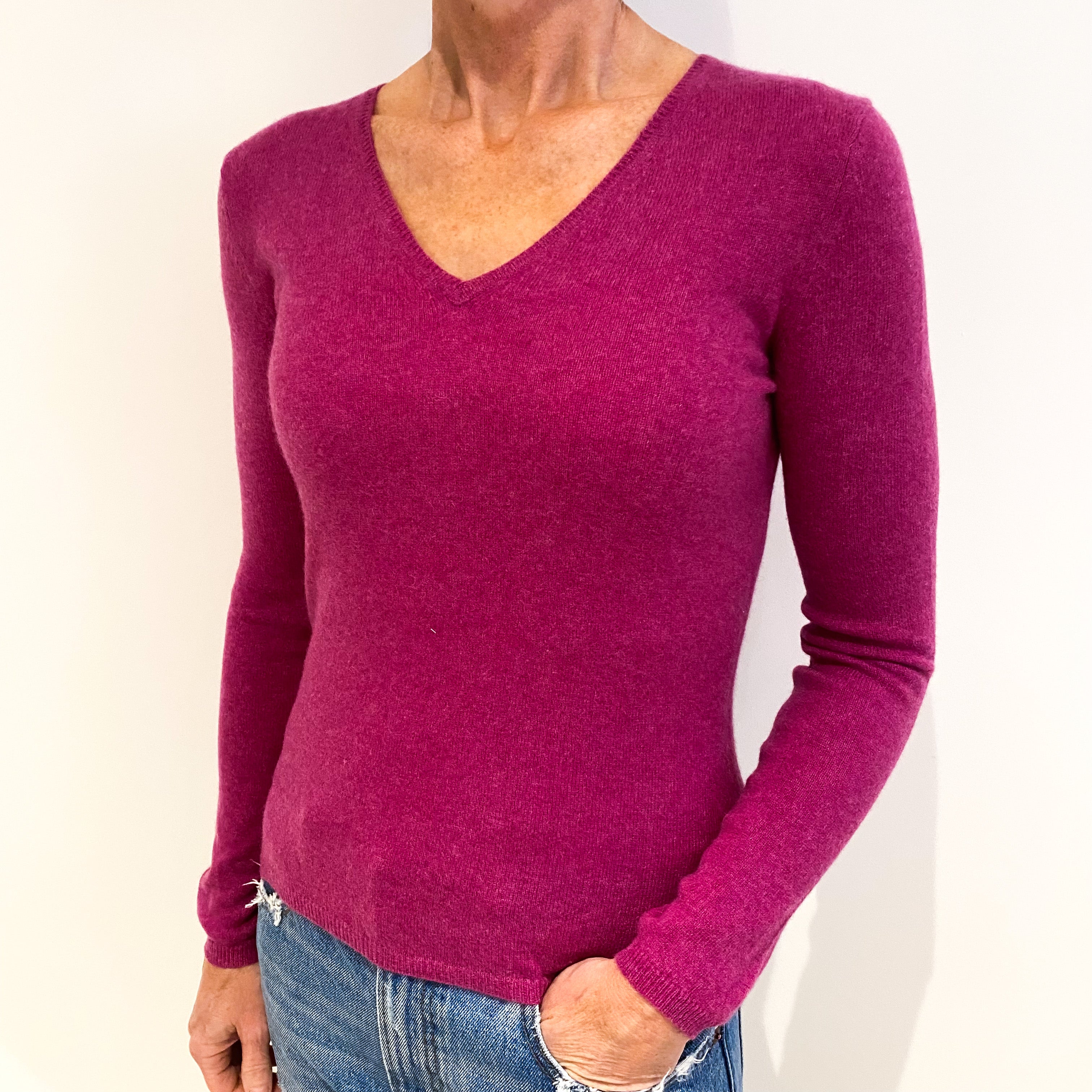 Raspberry Pink Cashmere V-Neck Jumper Small