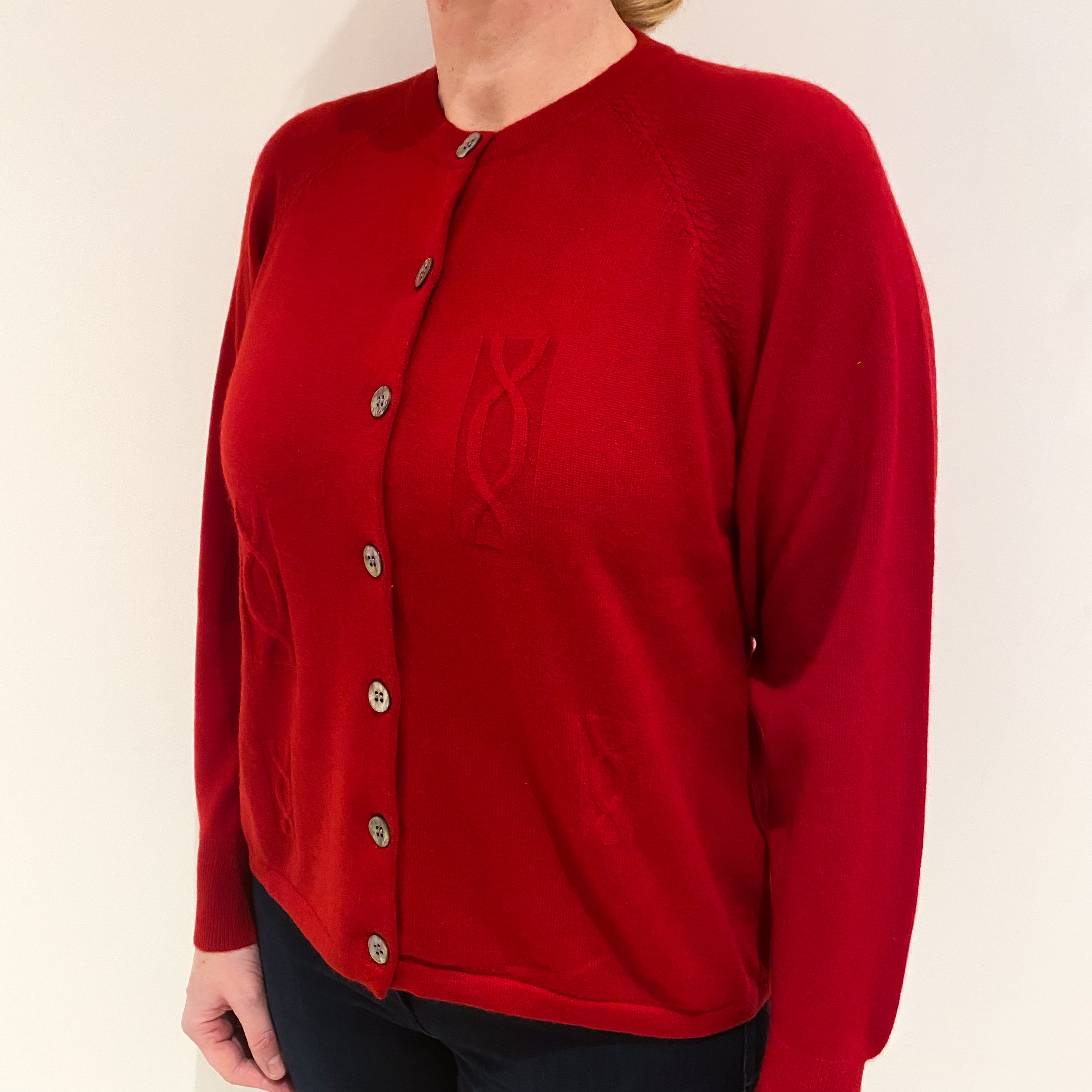 Crimson Red Cashmere Cable Block Crew Neck Cardigan Large