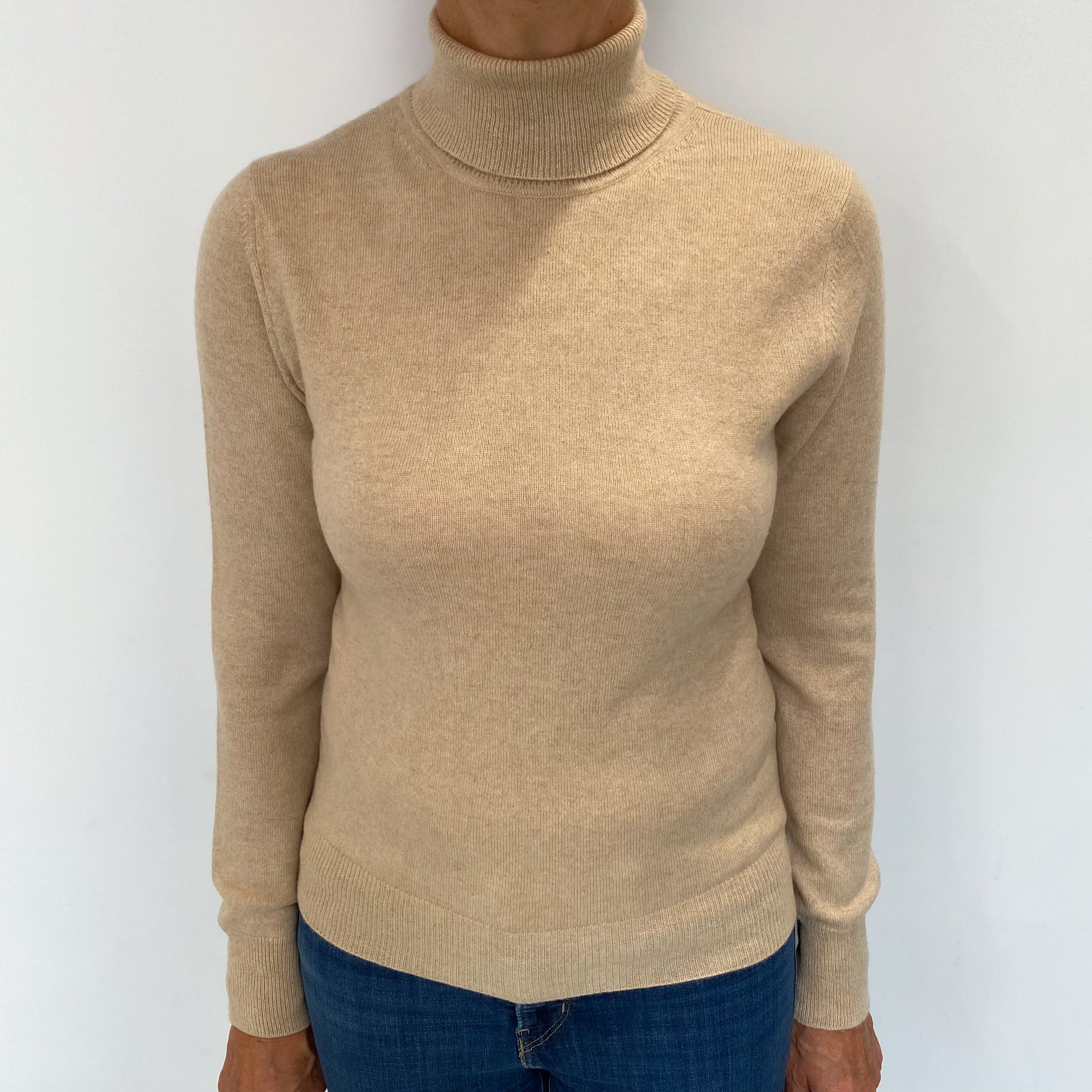 Sand Beige Cashmere Polo Neck Jumper Medium