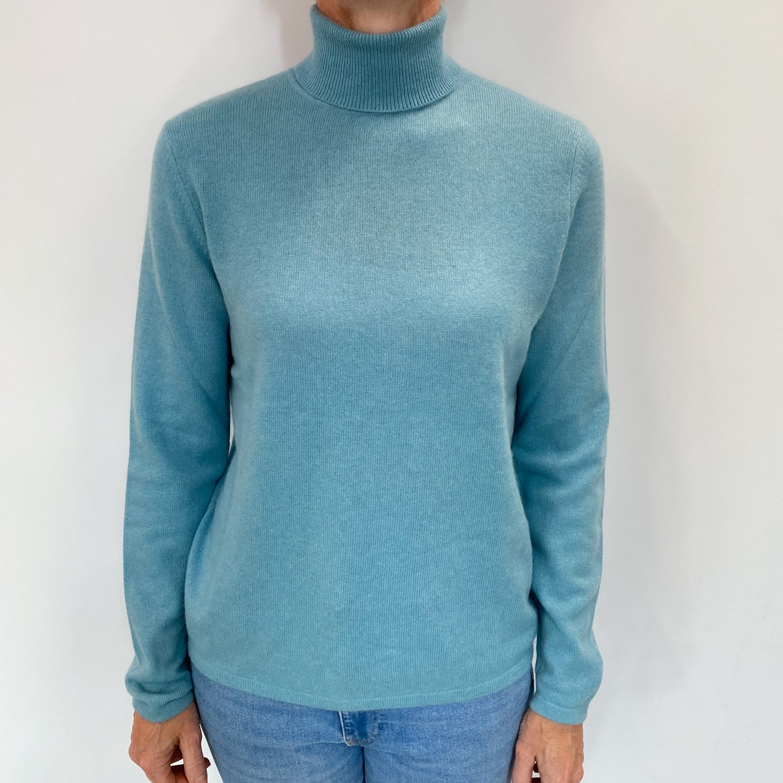 Aquamarine Blue Cashmere Polo Neck Jumper Small