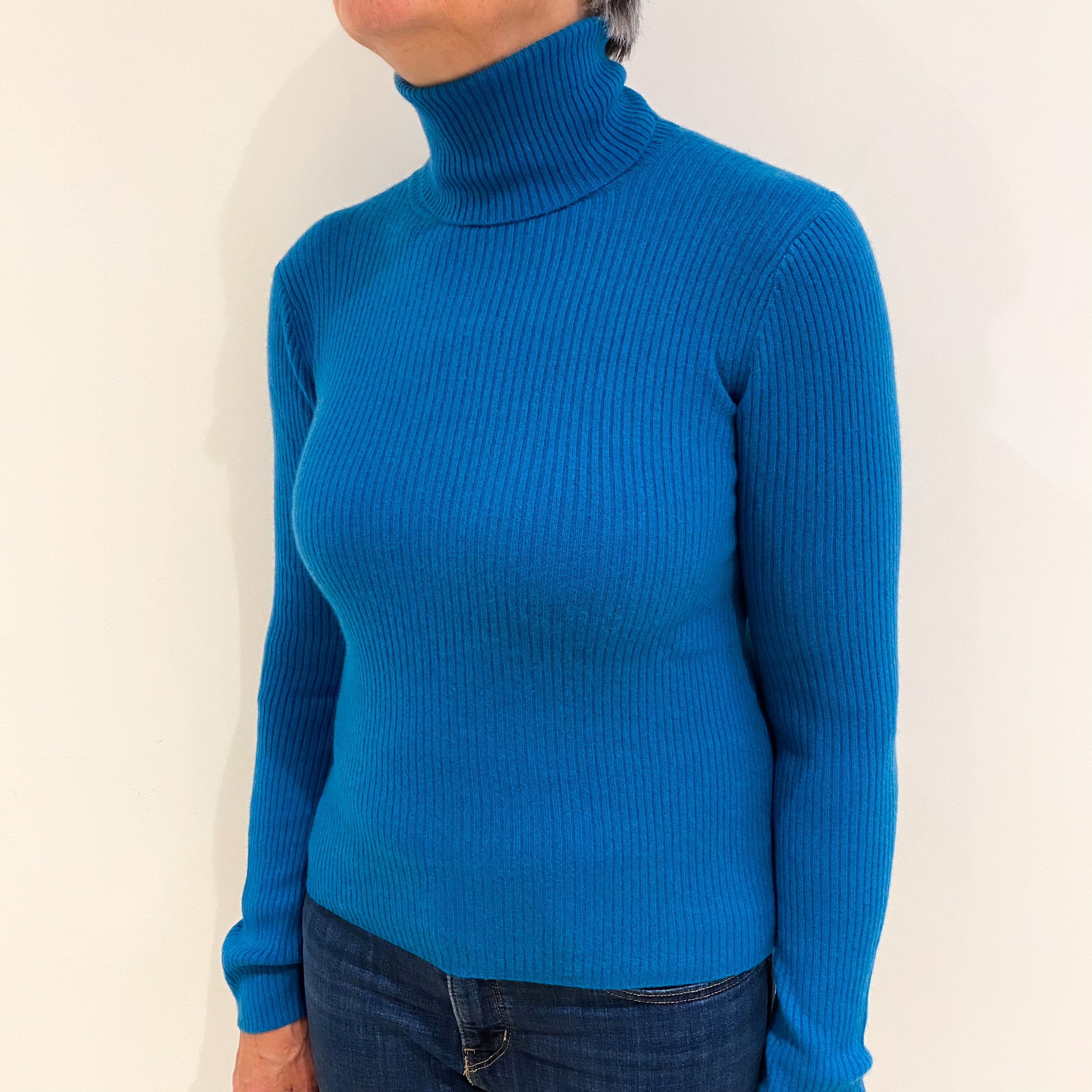 Teal Blue Cashmere Polo Neck Ribbed Knit Jumper Medium
