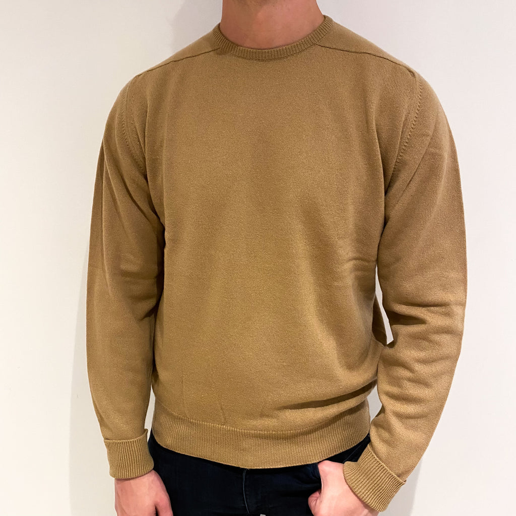 Men's Vintage Scottish Camel Brown Cashmere Crew Neck Jumper XL
