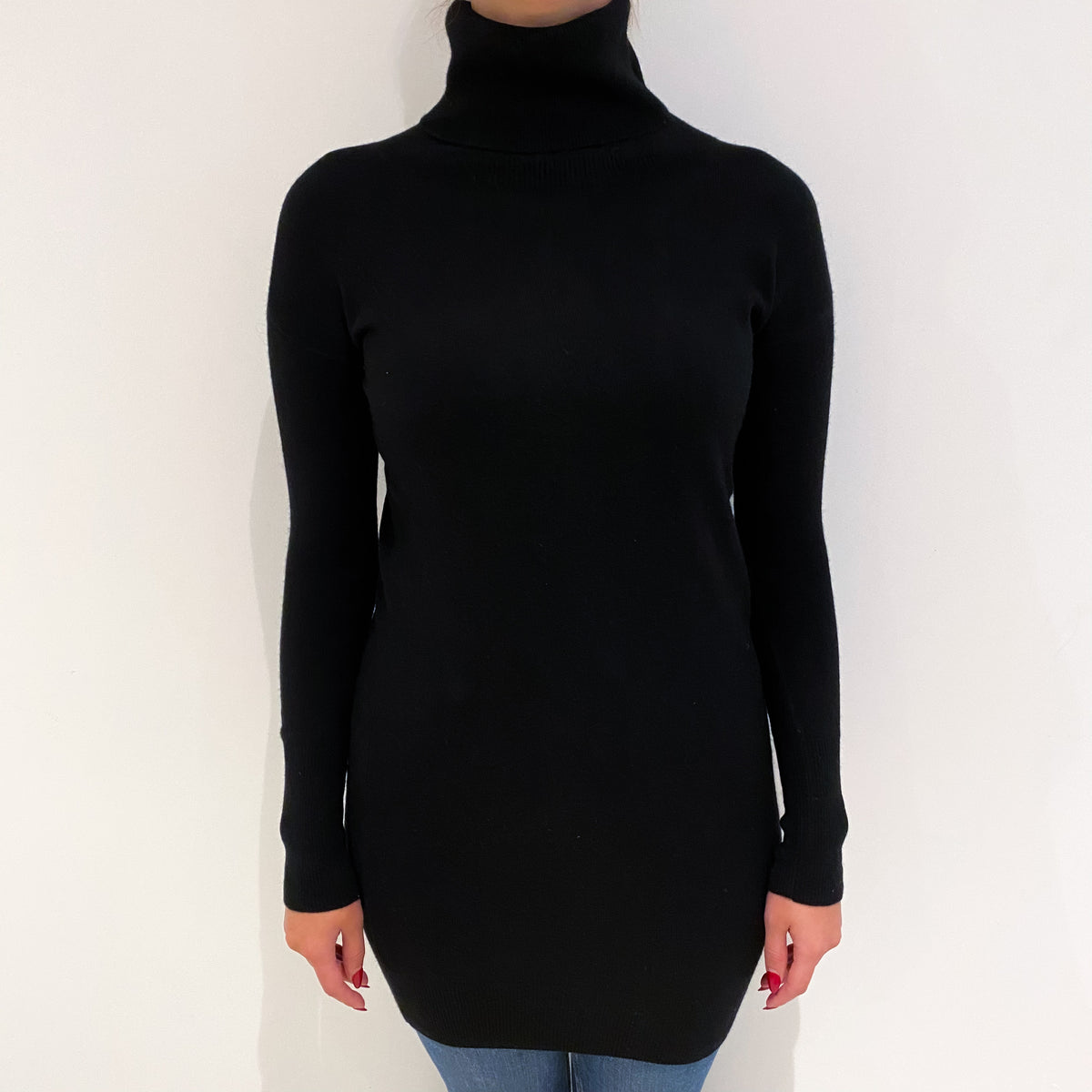 Black Cashmere Longline Polo Neck Jumper Small