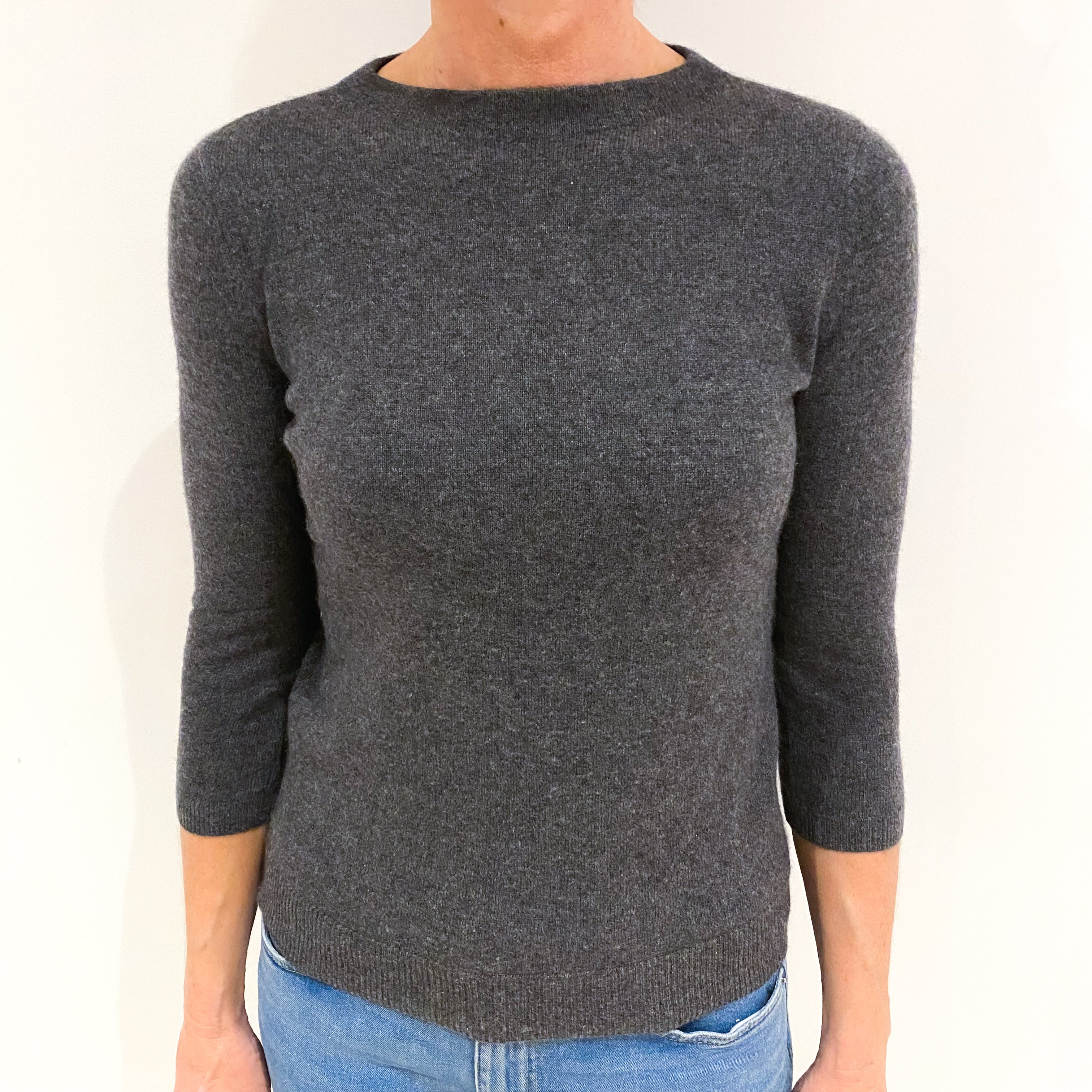 Slate Grey 3/4 Sleeve Cashmere Crew Neck Jumper Small