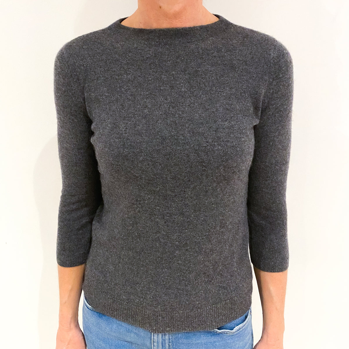 Slate Grey 3/4 Sleeve Cashmere Crew Neck Jumper Small