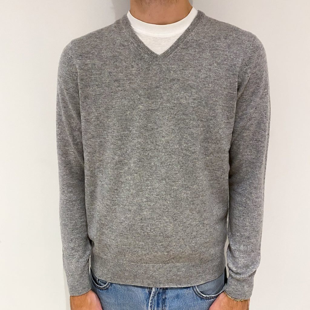 Men's Slate Grey Cashmere V-Neck Jumper Large