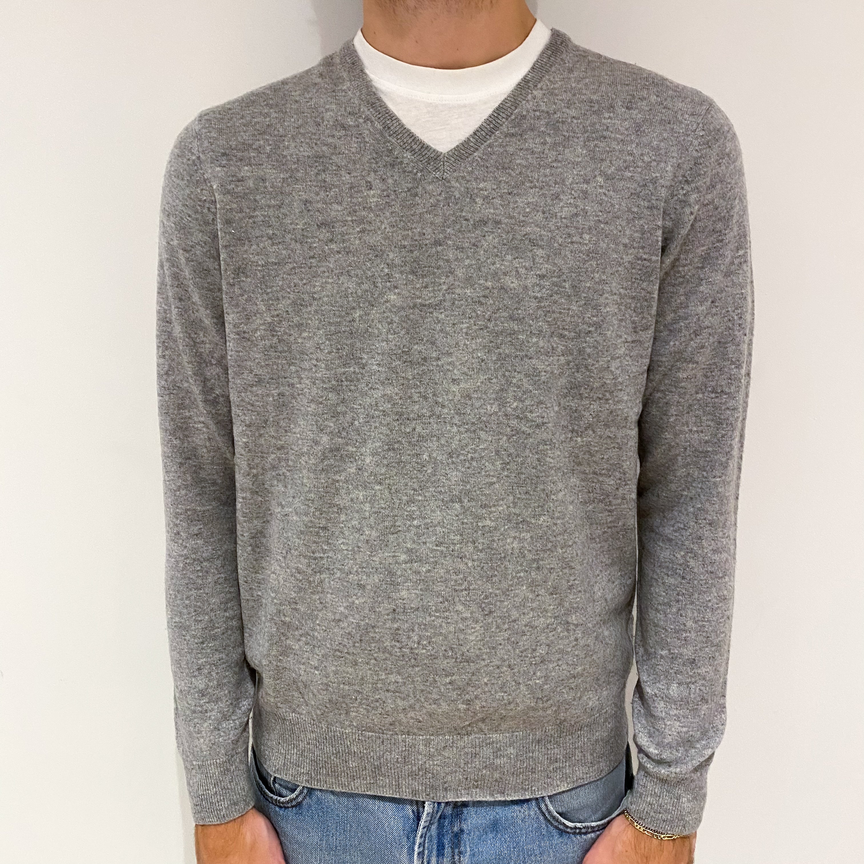 Men's Slate Grey Cashmere V-Neck Jumper Large