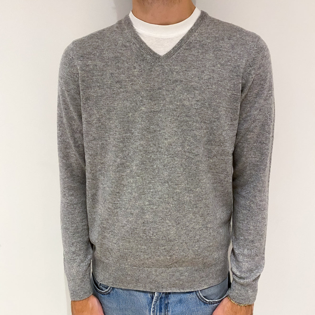 Men's Slate Grey Cashmere V-Neck Jumper Large
