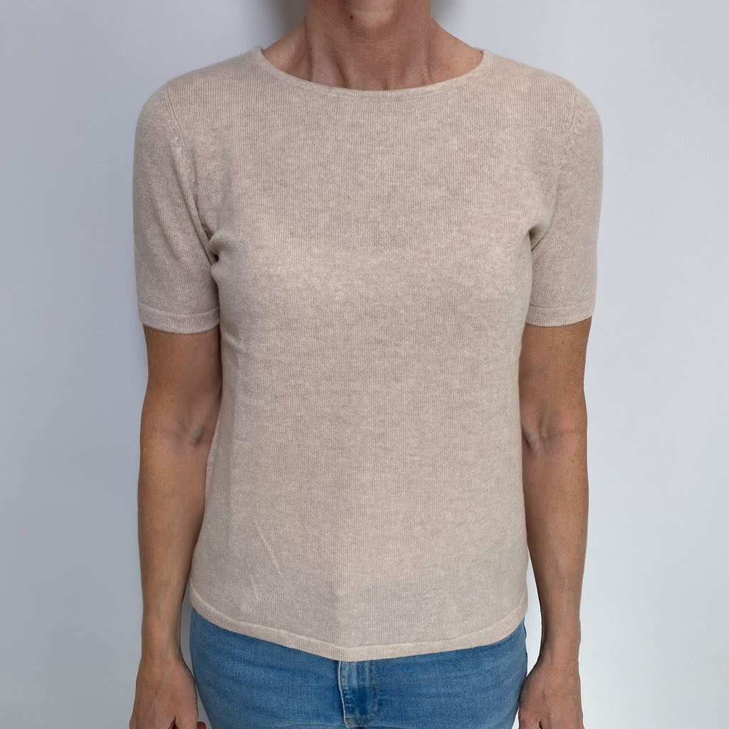 Oatmeal Cashmere Short Sleeved Crew Neck Jumper Small