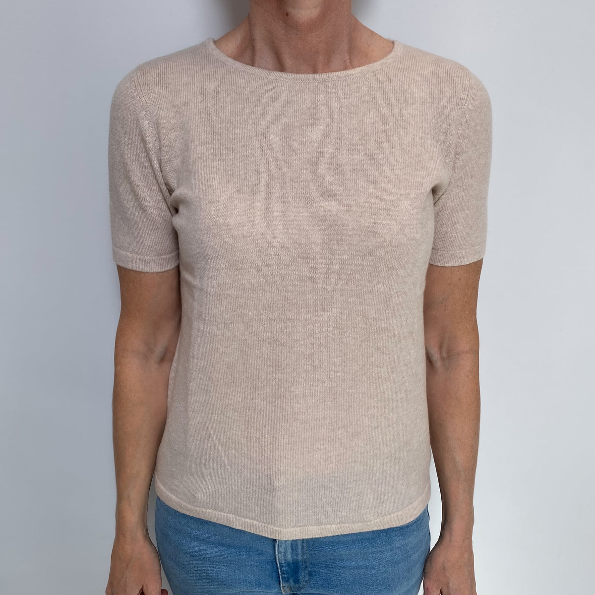 Oatmeal Cashmere Short Sleeved Crew Neck Jumper Small