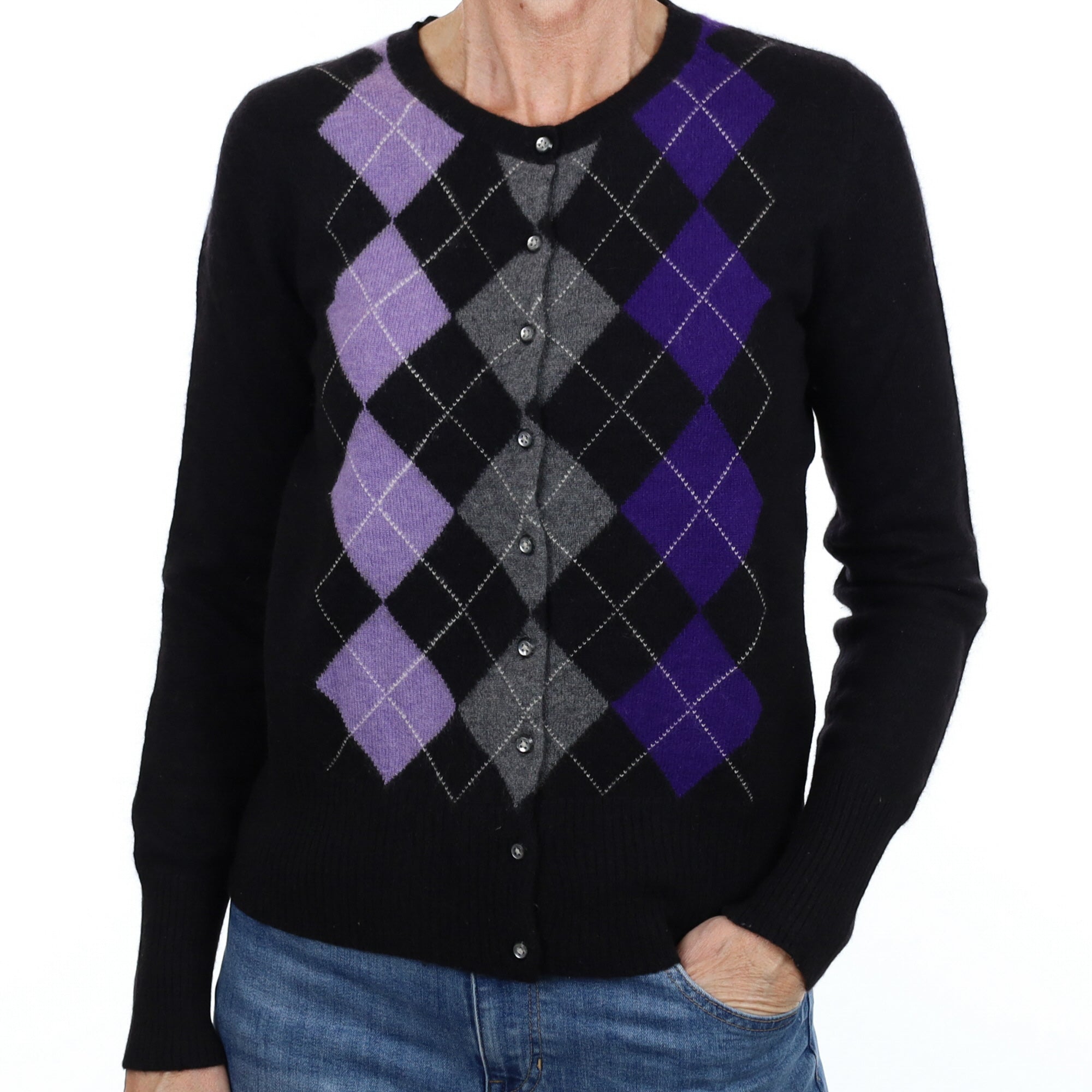 Black and Purple Argyle Cashmere Crew Neck Cardigan Small