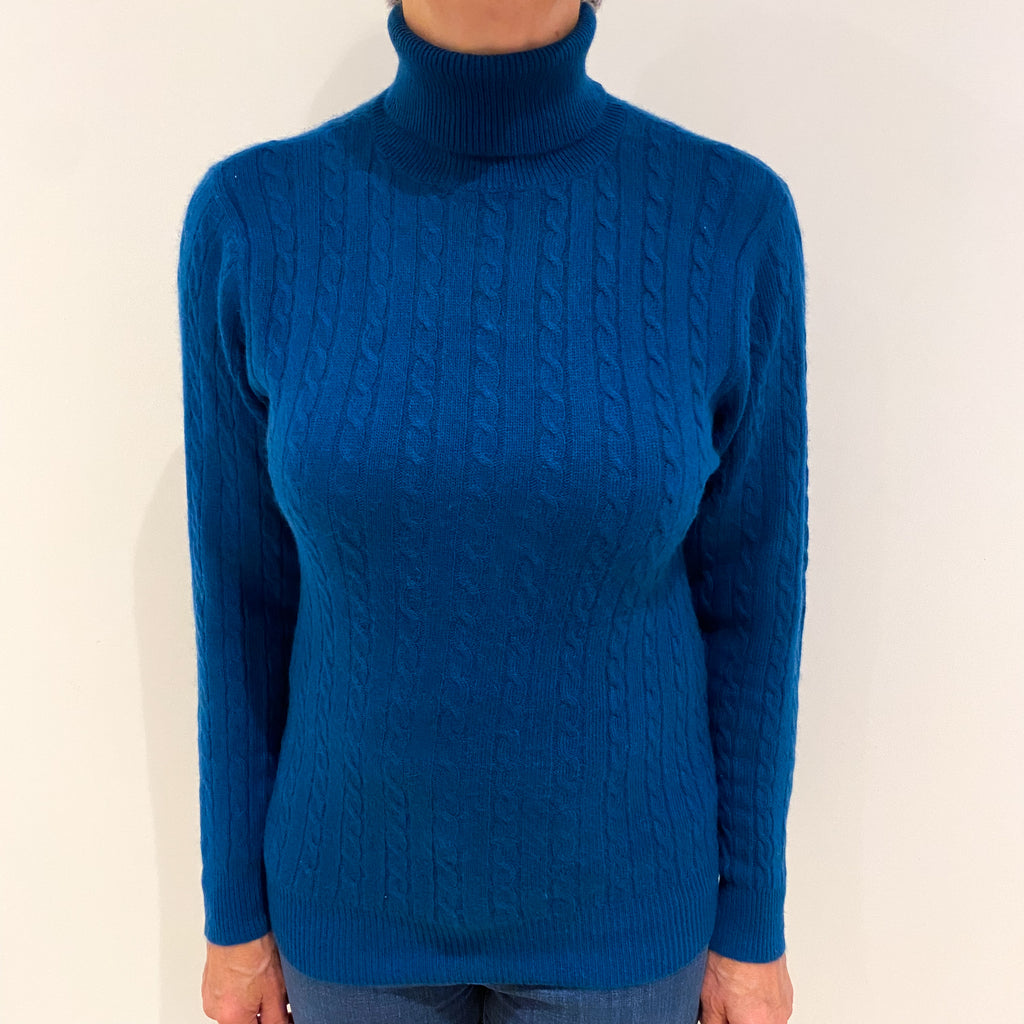 Peacock Blue Cable Cashmere Polo Neck Jumper Medium