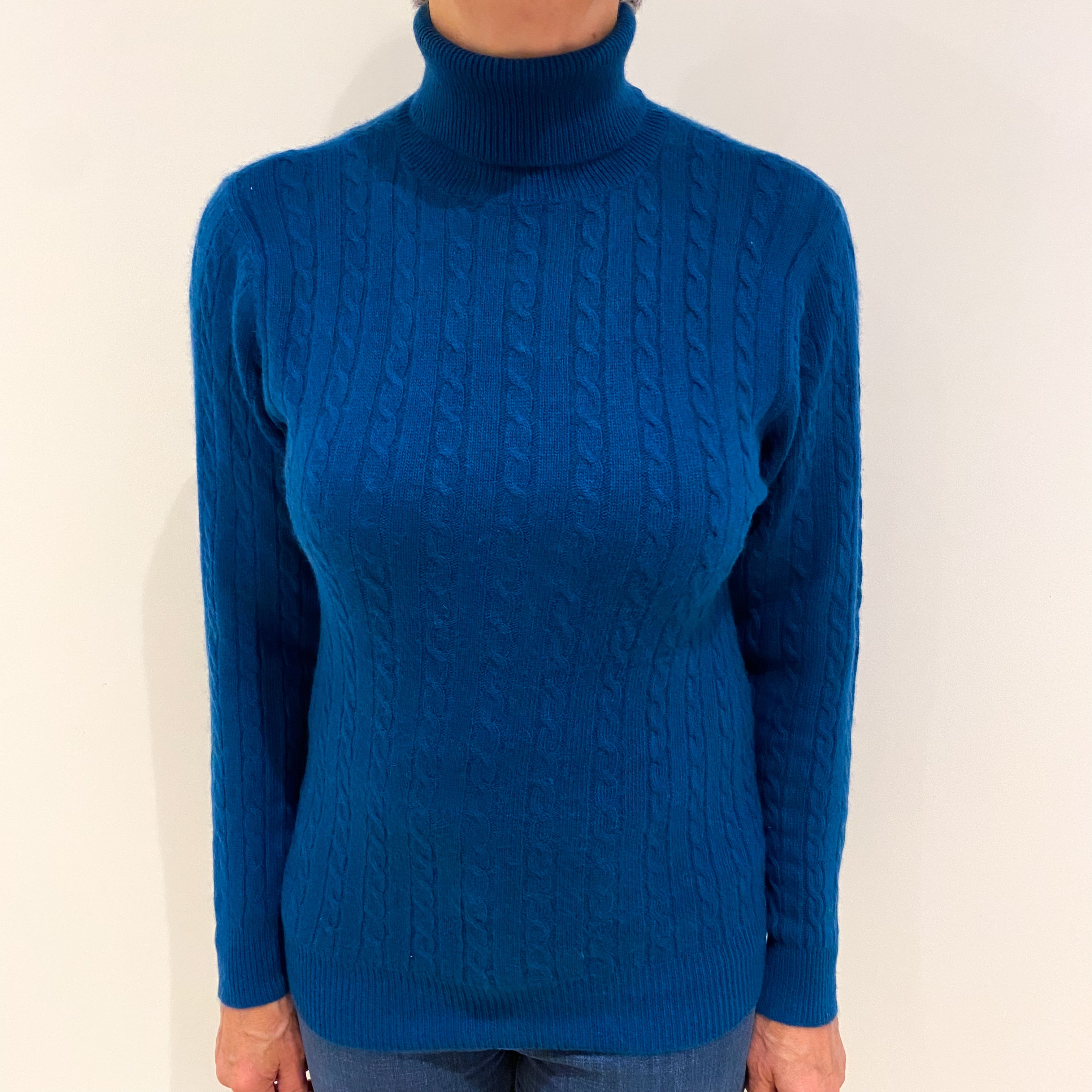 Peacock Blue Cable Cashmere Polo Neck Jumper Medium