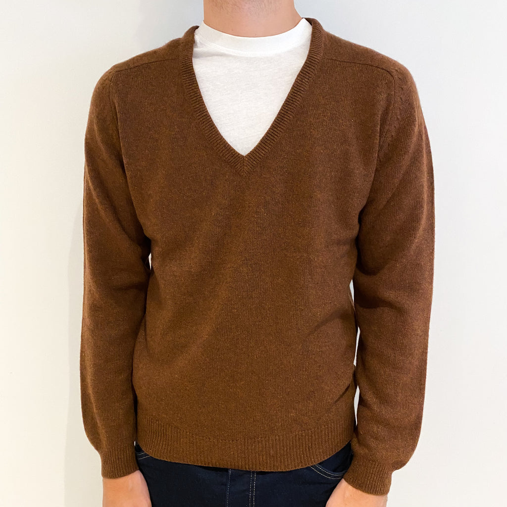 Men's Vintage Deep Chestnut Brown Cashmere V-Neck Jumper Medium