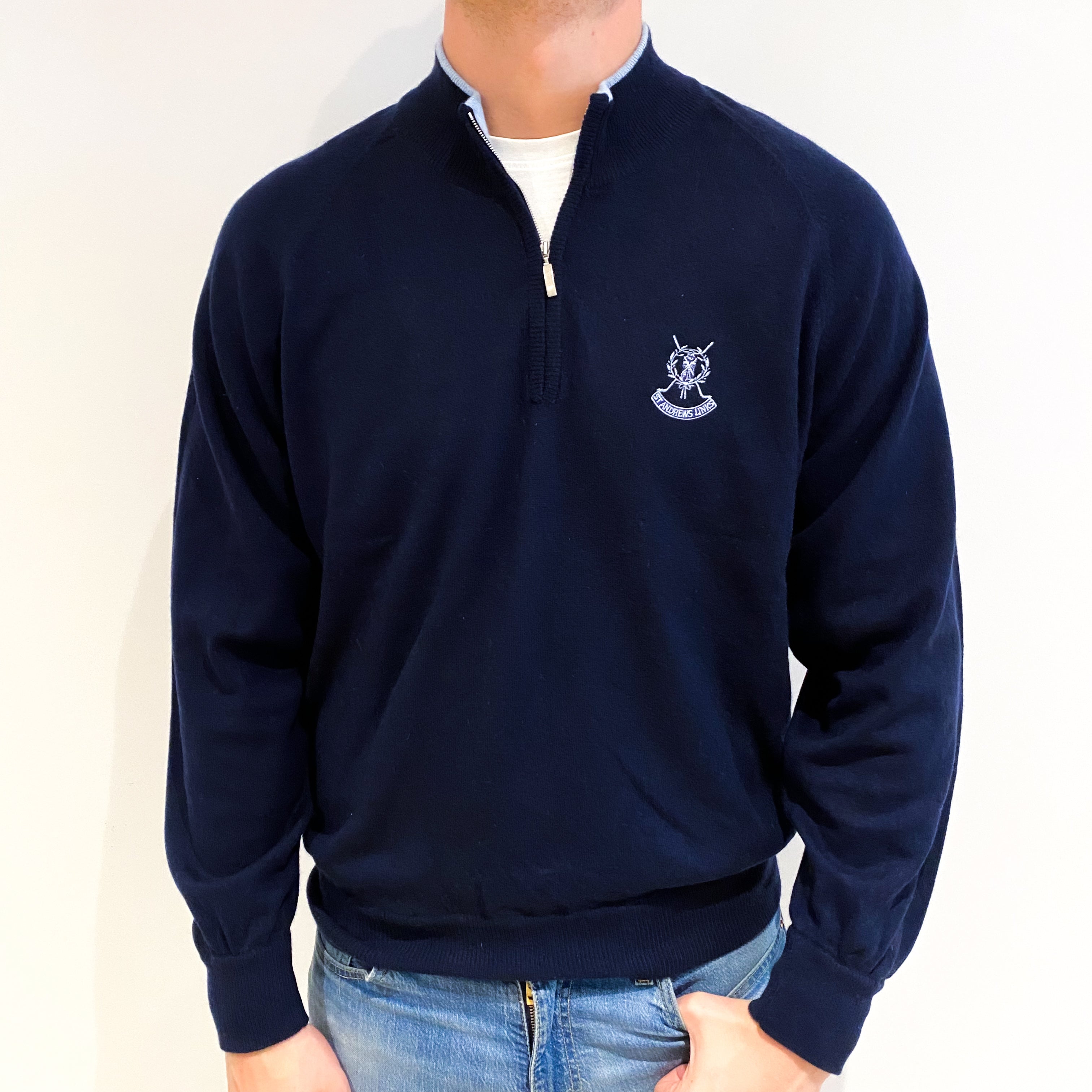 Men's Scottish Navy Blue Cashmere 1/4 Zip Jumper XXL