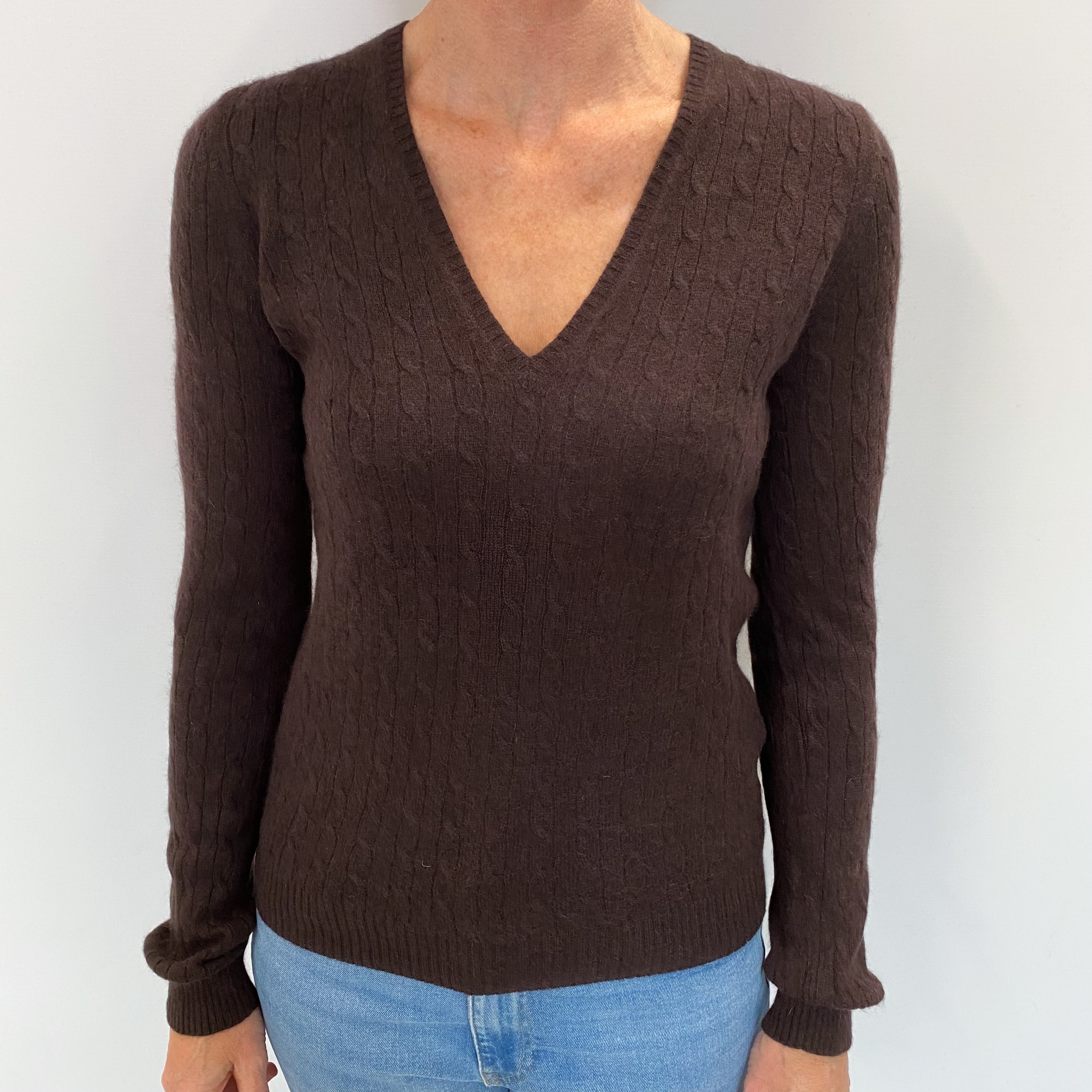 Dark Chocolate Cashmere V Neck Cable Knit Jumper Small