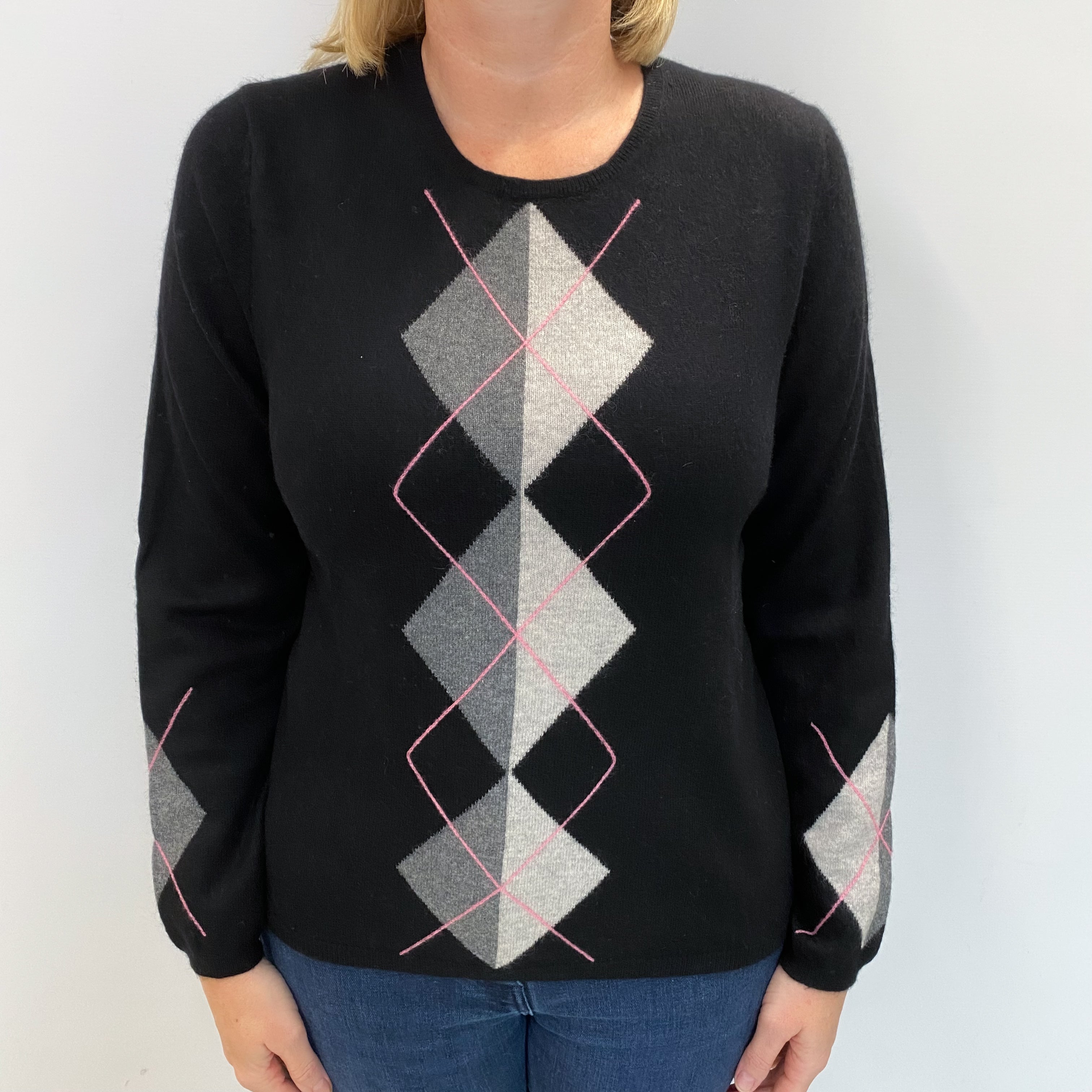 Black Argyle Patterned Cashmere Crew Neck Jumper Large