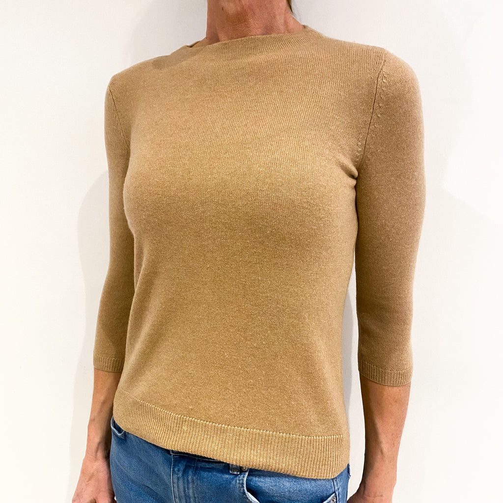 Caramel Brown Cashmere 3/4 Sleeve High Crew Neck Jumper Small
