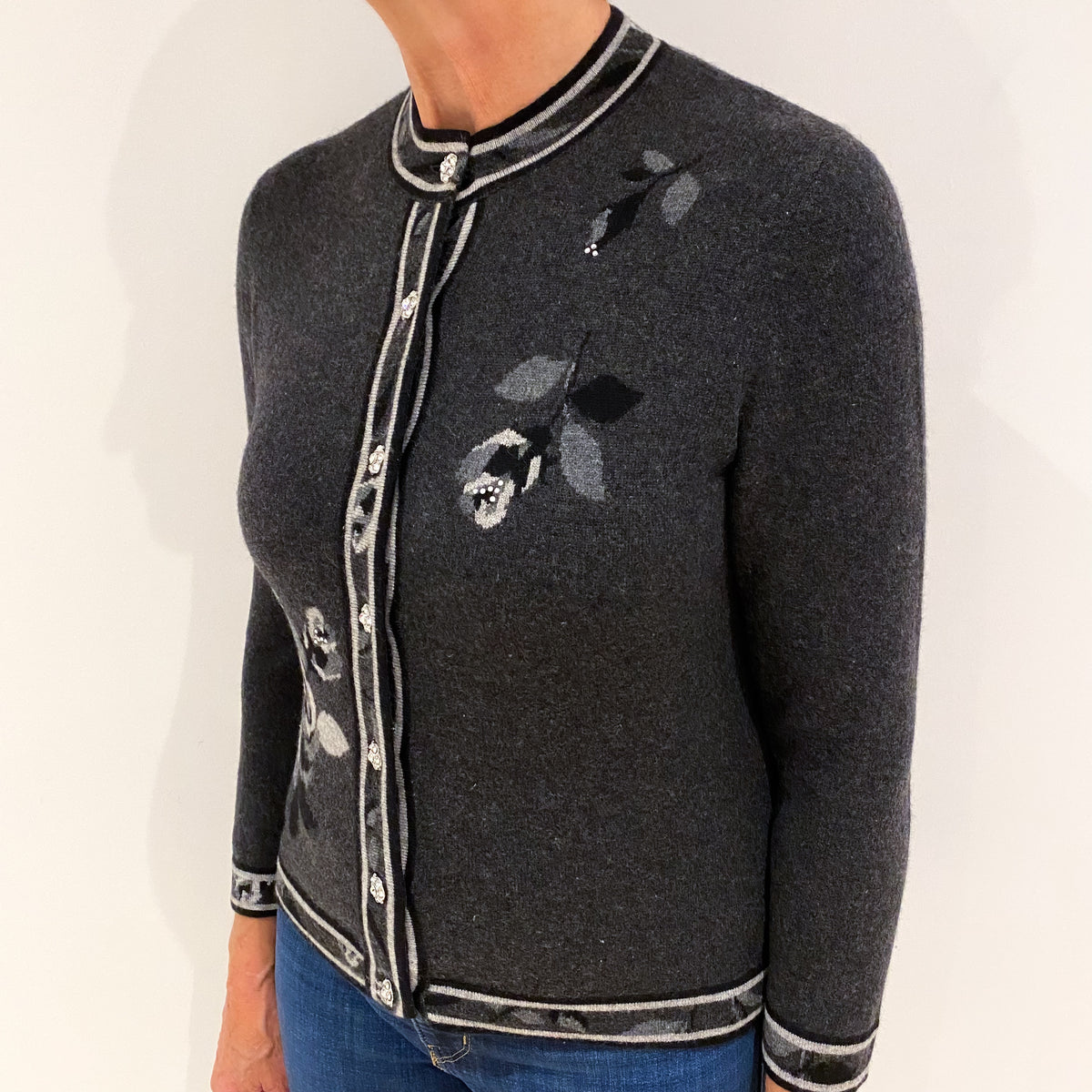 Charcoal Grey Floral Cashmere Turtle Neck Cardigan Medium